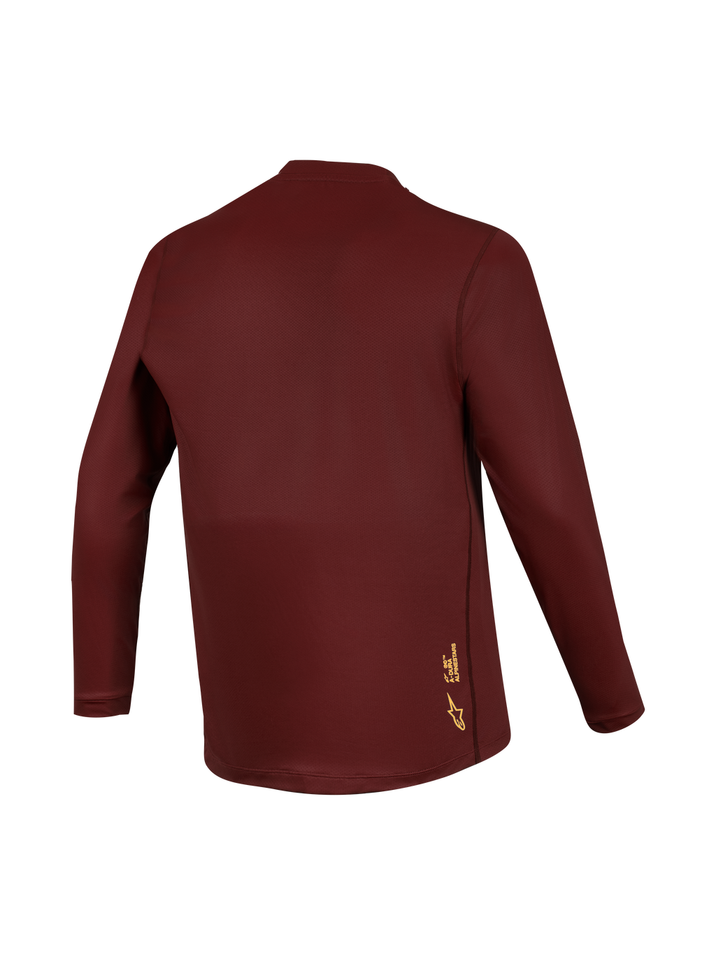Camiseta A-Dura Ride de manga larga burdeos, tejido jacquard de rendimiento y logotipo amarillo en la parte trasera.