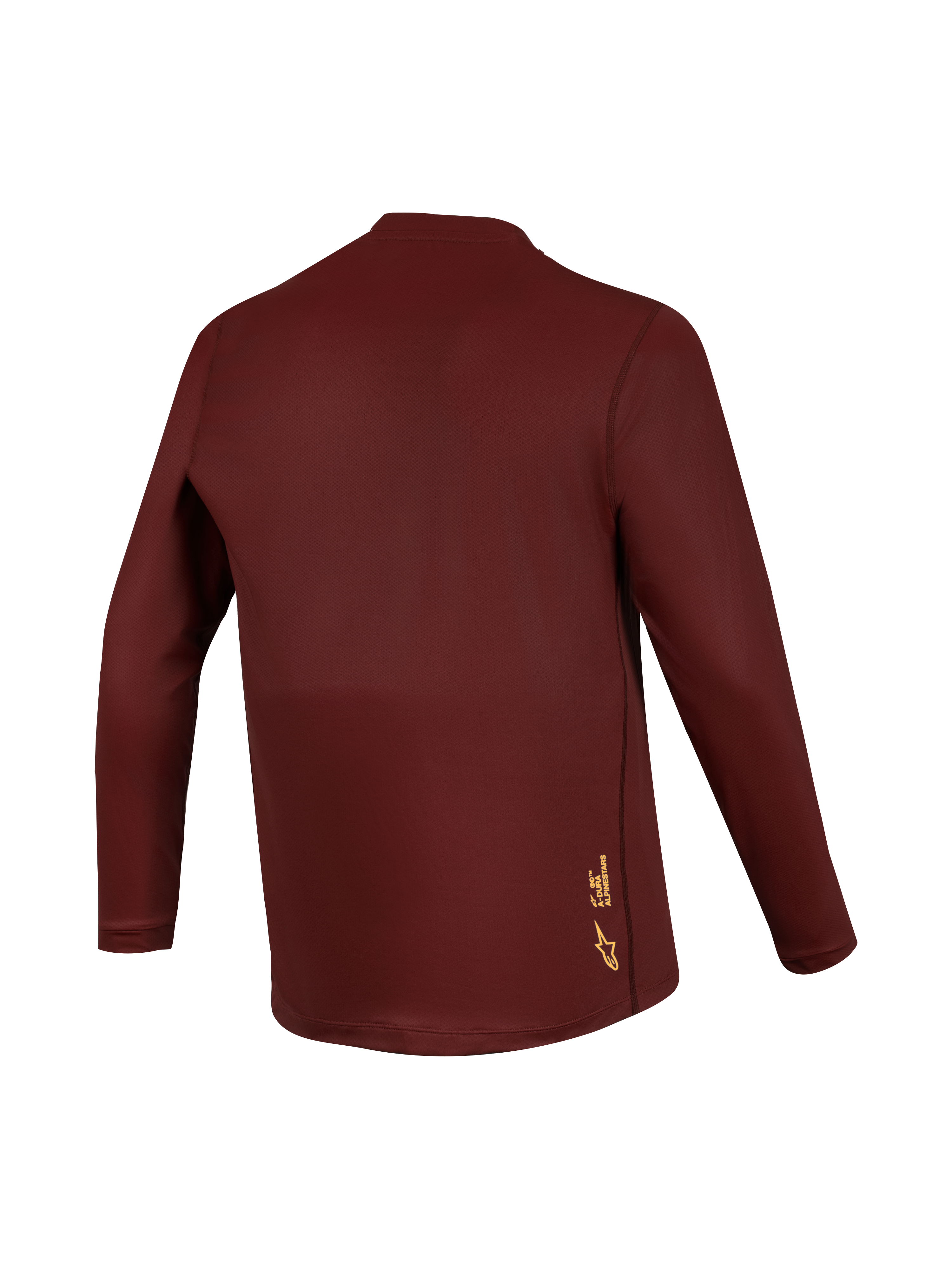Camiseta A-Dura Ride de manga larga burdeos, tejido jacquard de rendimiento y logotipo amarillo en la parte trasera.