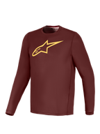 Jersey A-Dura Ride burdeos de manga larga, logo Alpinestars amarillo, equipación técnica ligera de alto rendimiento para MTB