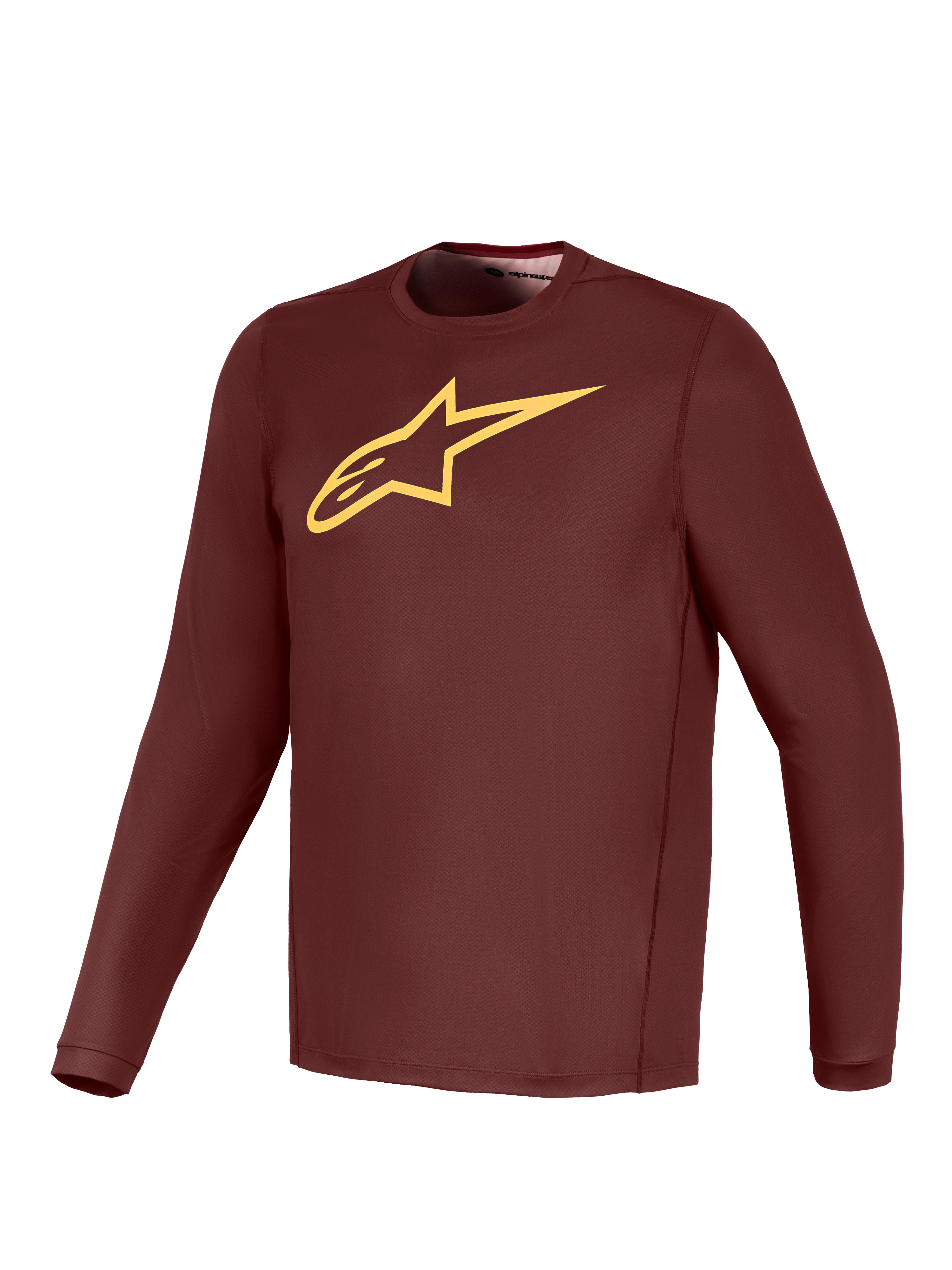 Jersey A-Dura Ride burdeos de manga larga, logo Alpinestars amarillo, equipación técnica ligera de alto rendimiento para MTB