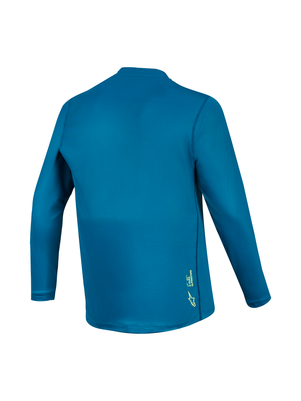 Jersey MTB A-Dura Ride de manga larga azul verde, vista trasera en tejido técnico con pequeño logotipo amarillo.