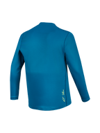 Jersey MTB A-Dura Ride de manga larga azul verde, vista trasera en tejido técnico con pequeño logotipo amarillo.