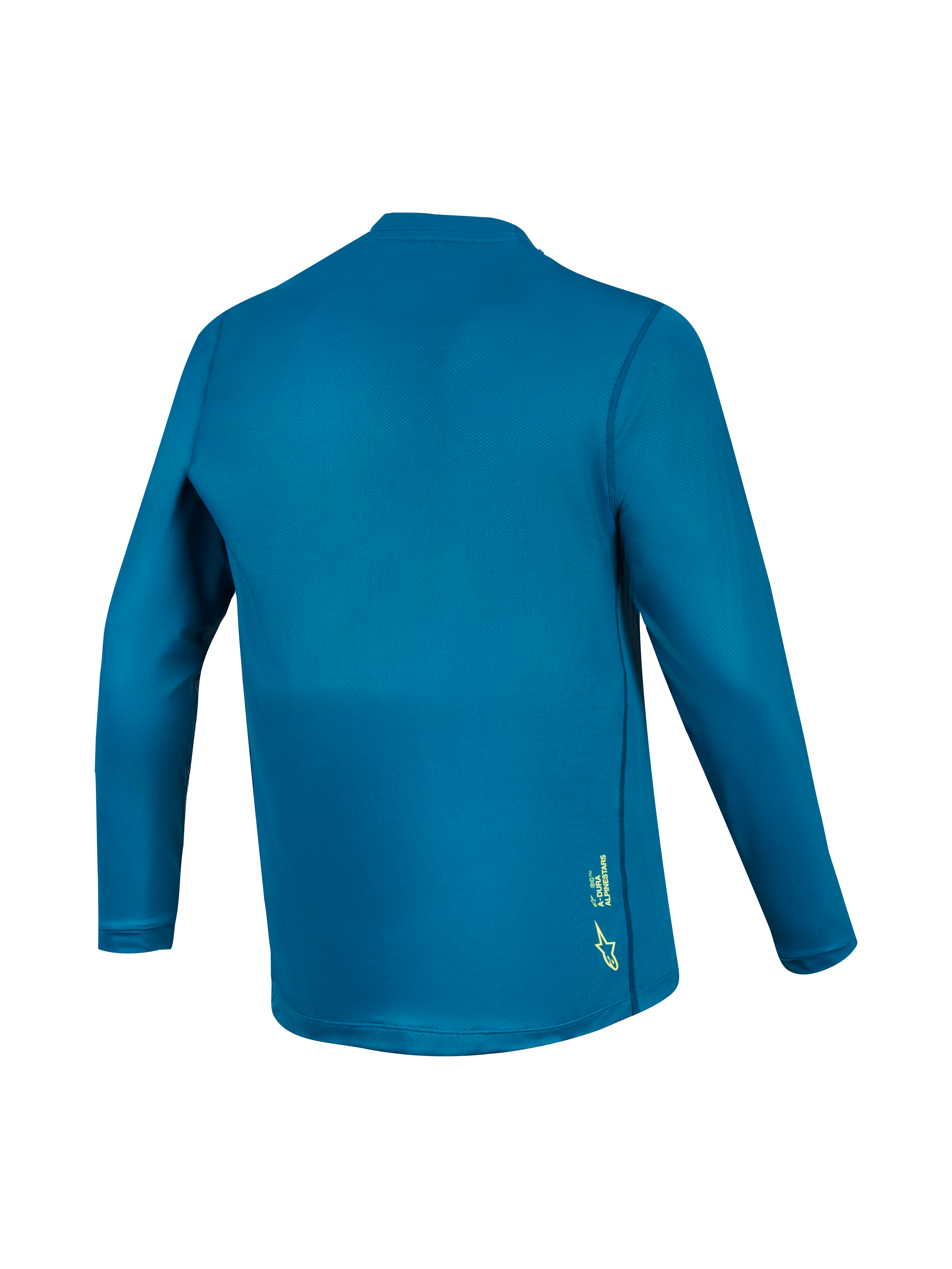 Jersey MTB A-Dura Ride de manga larga azul verde, vista trasera en tejido técnico con pequeño logotipo amarillo.