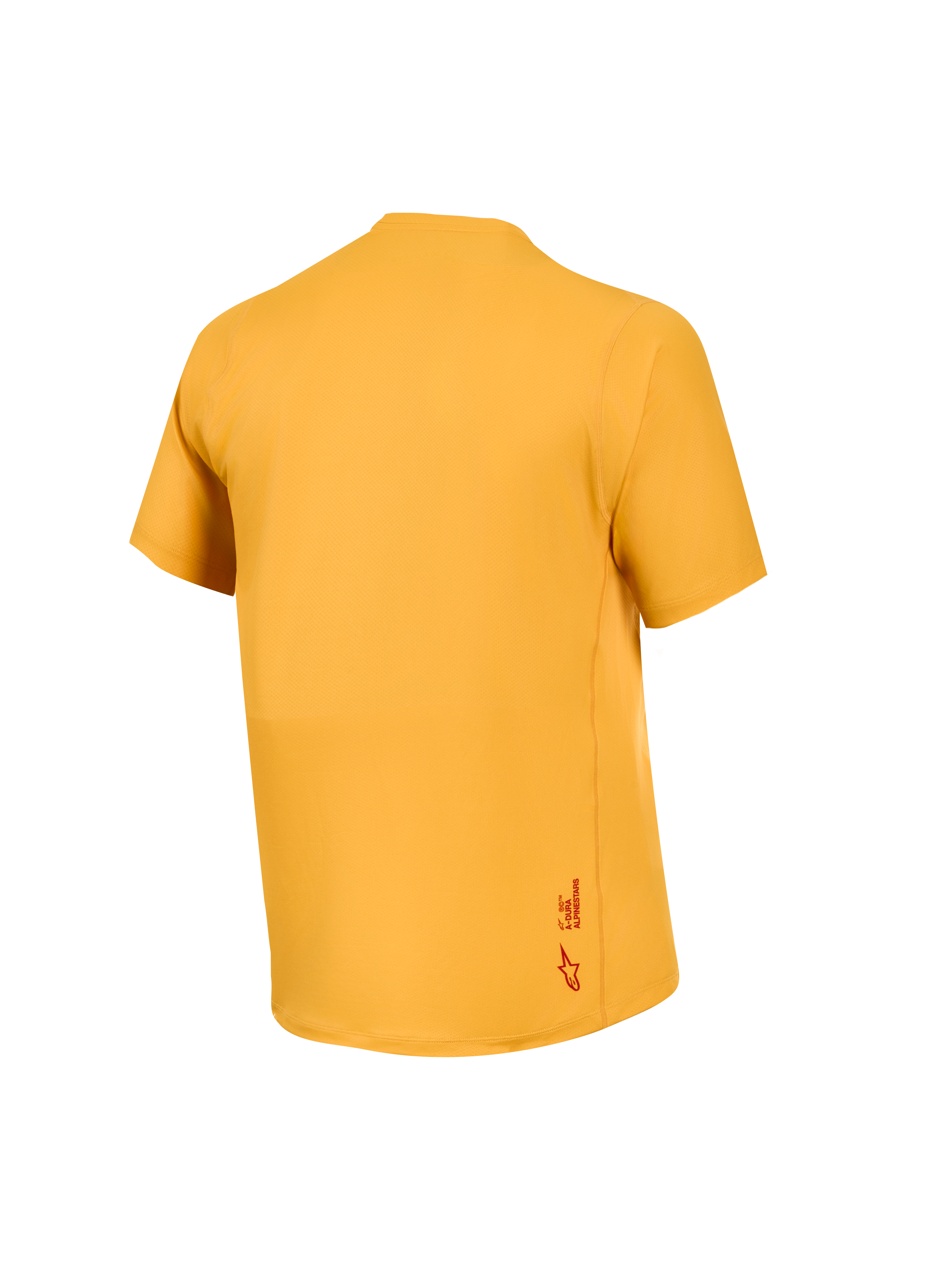 Jersey A-Dura Ride naranja, vista trasera, tejido jacquard elástico y un pequeño logotipo Astars en el dobladillo.