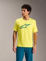 Camiseta Alpinestars A-Dura Ride amarillo flúor, top de MTB de manga corta con logotipo Astars verde azulado.