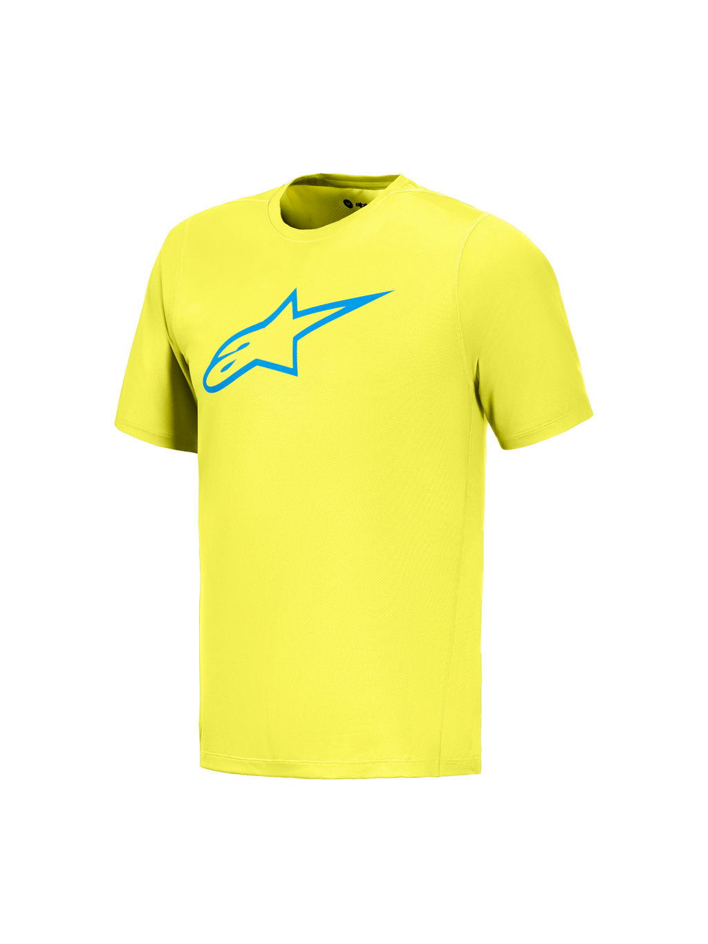 Camiseta de manga corta A-Dura Ride en amarillo flúor con logo Astars azul, ropa técnica para ciclismo de montaña.