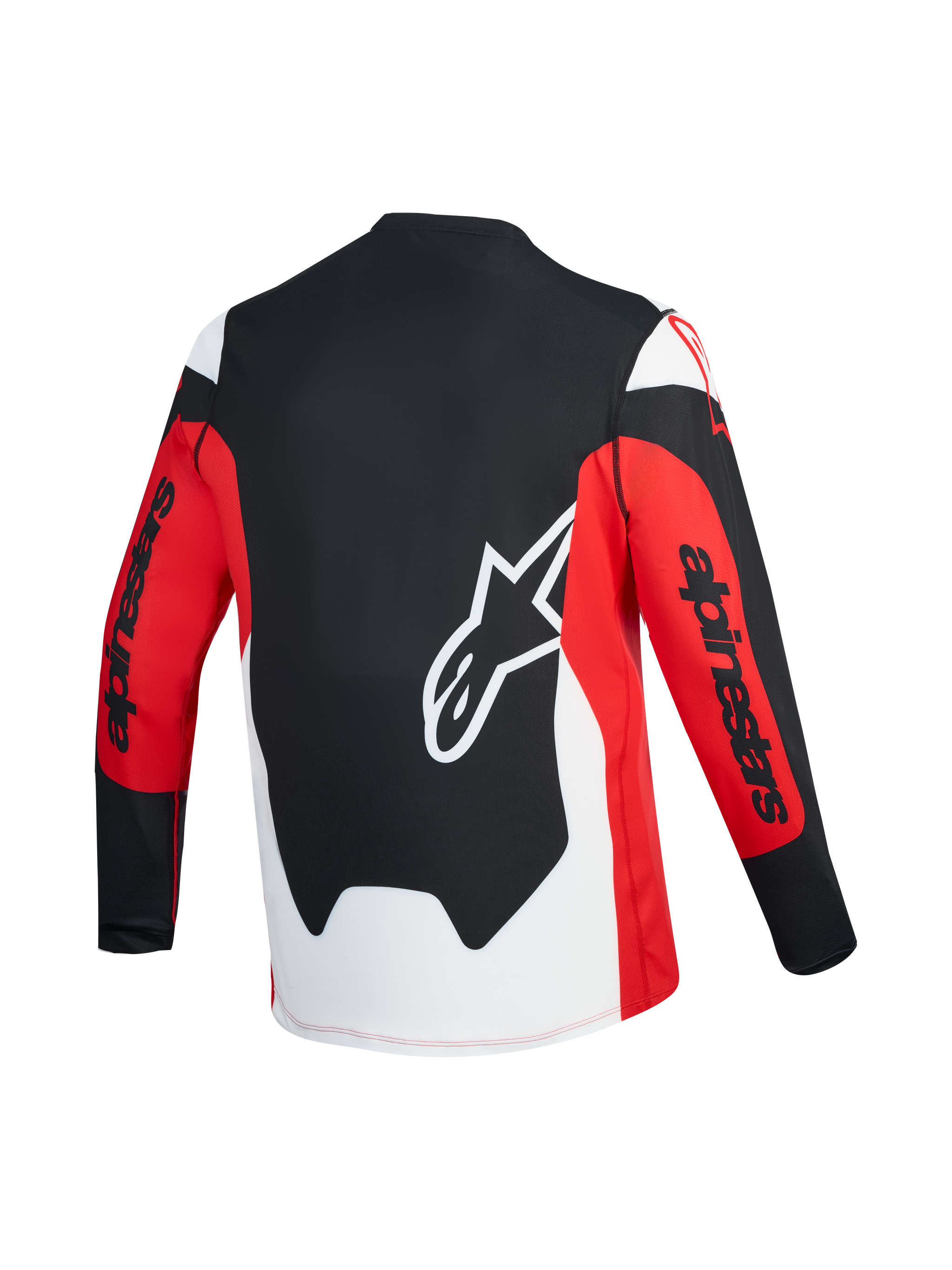 Jersey A-Dura Race de manga larga, vista trasera roja y negra con logo Astars blanco y marca Alpinestars en las mangas
