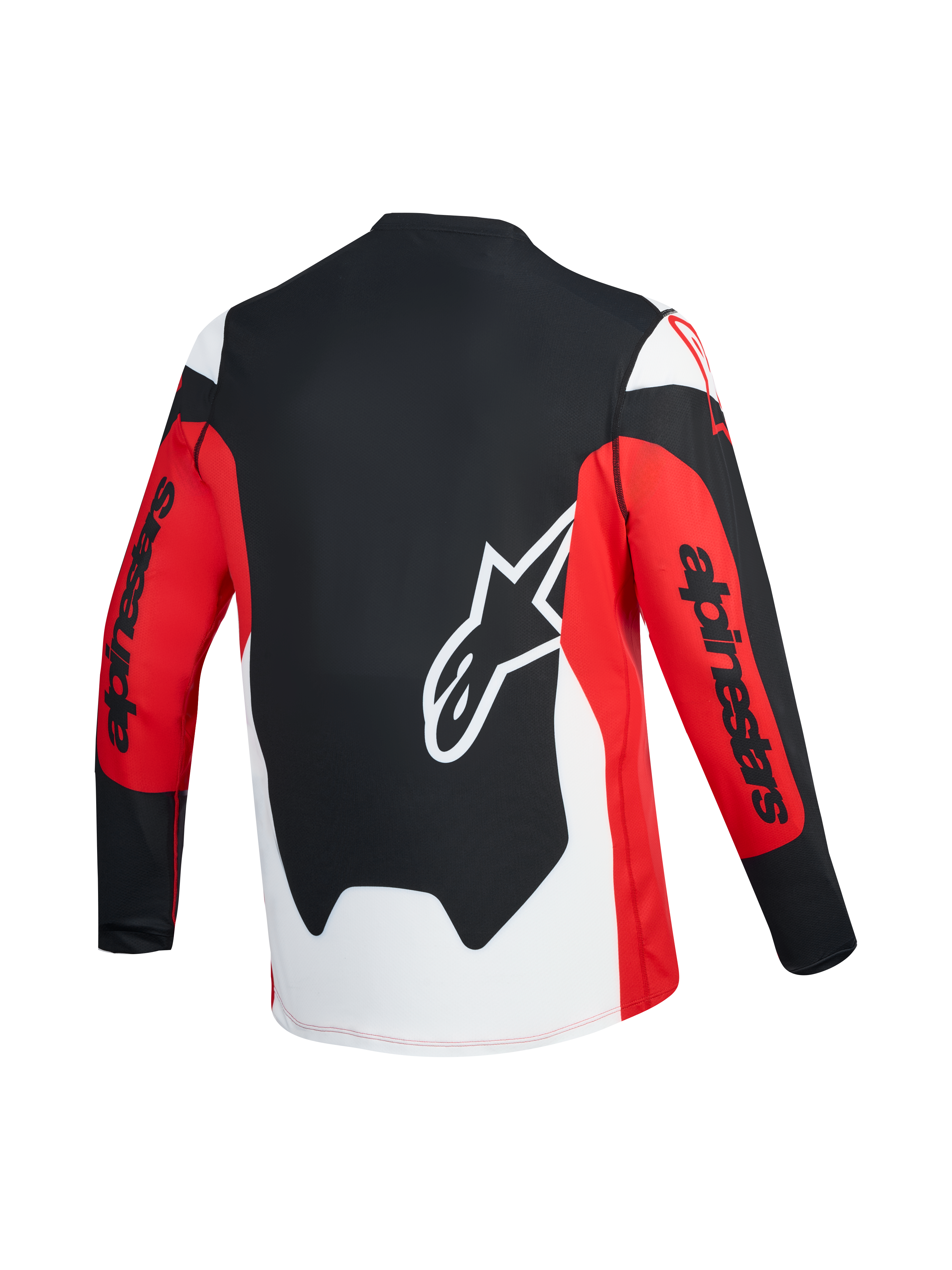 Jersey A-Dura Race de manga larga, vista trasera roja y negra con logo Astars blanco y marca Alpinestars en las mangas