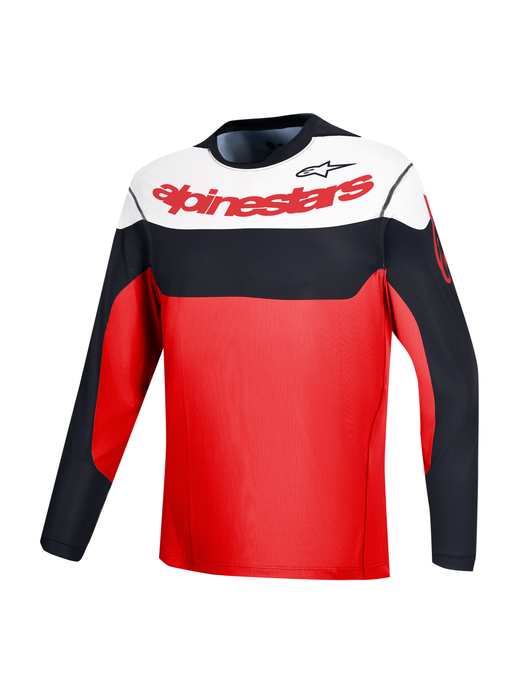 Jersey Alpinestars A-Dura Race de manga larga rojo con bloques en blanco y negro para rendimiento en MTB.