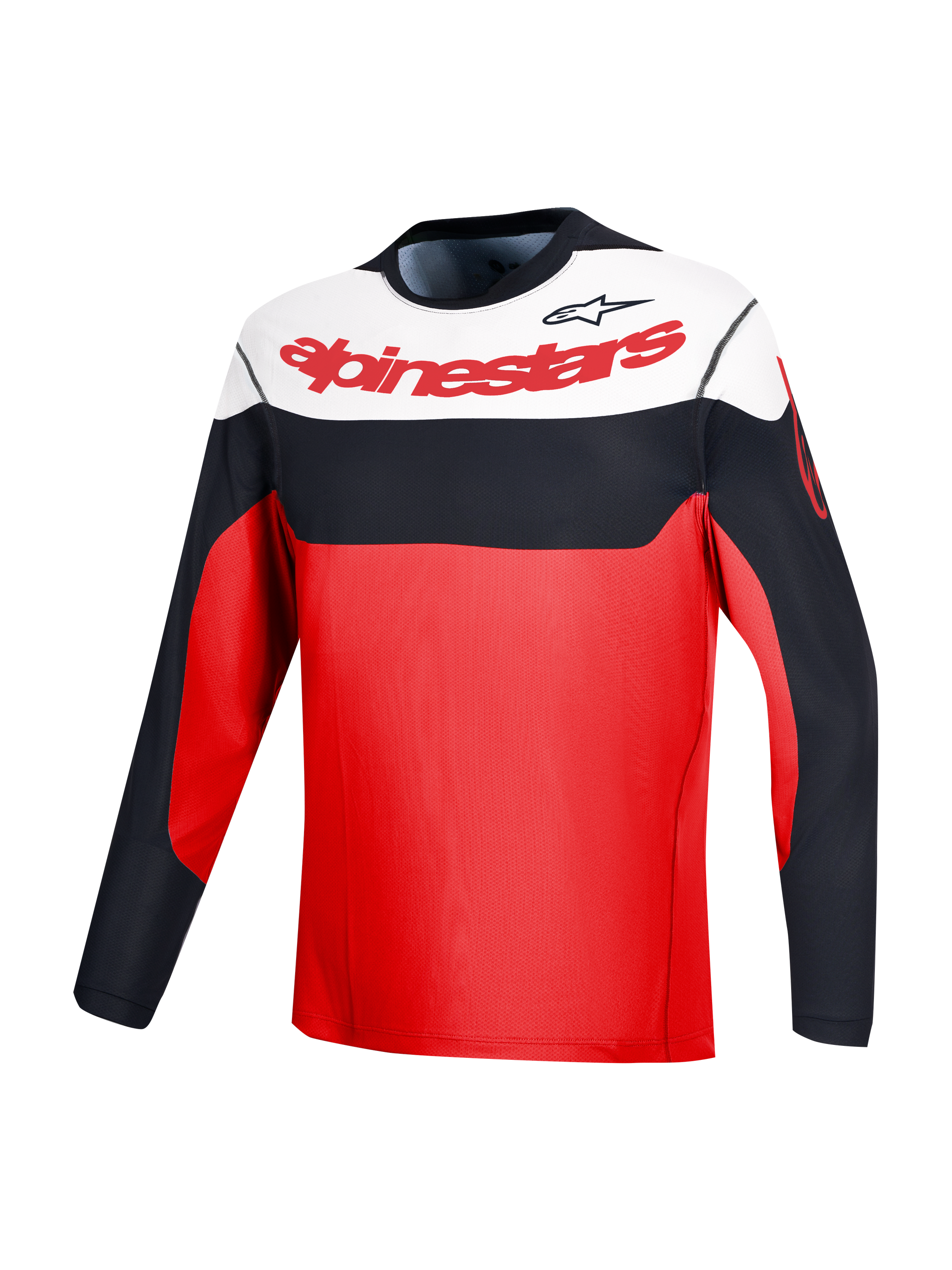 Jersey Alpinestars A-Dura Race de manga larga rojo con bloques en blanco y negro para rendimiento en MTB.