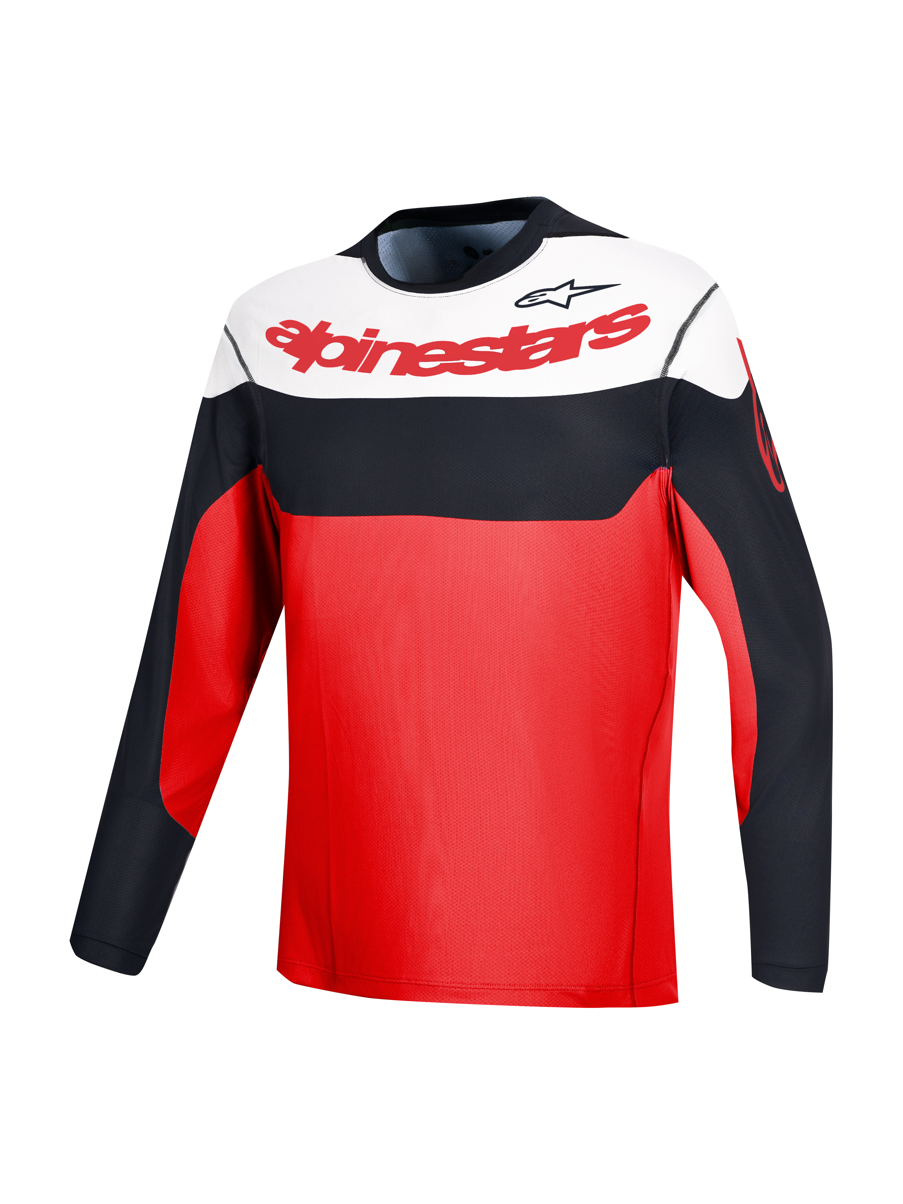Jersey Alpinestars A-Dura Race de manga larga rojo con bloques en blanco y negro para rendimiento en MTB.