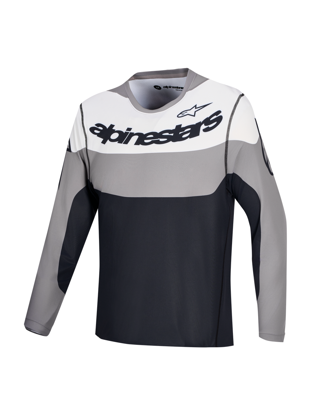 Jersey A-Dura Race, jersey de manga larga para ciclismo MTB, gris, blanco y negro con logotipo en el pecho, tejido elástico ligero reciclado