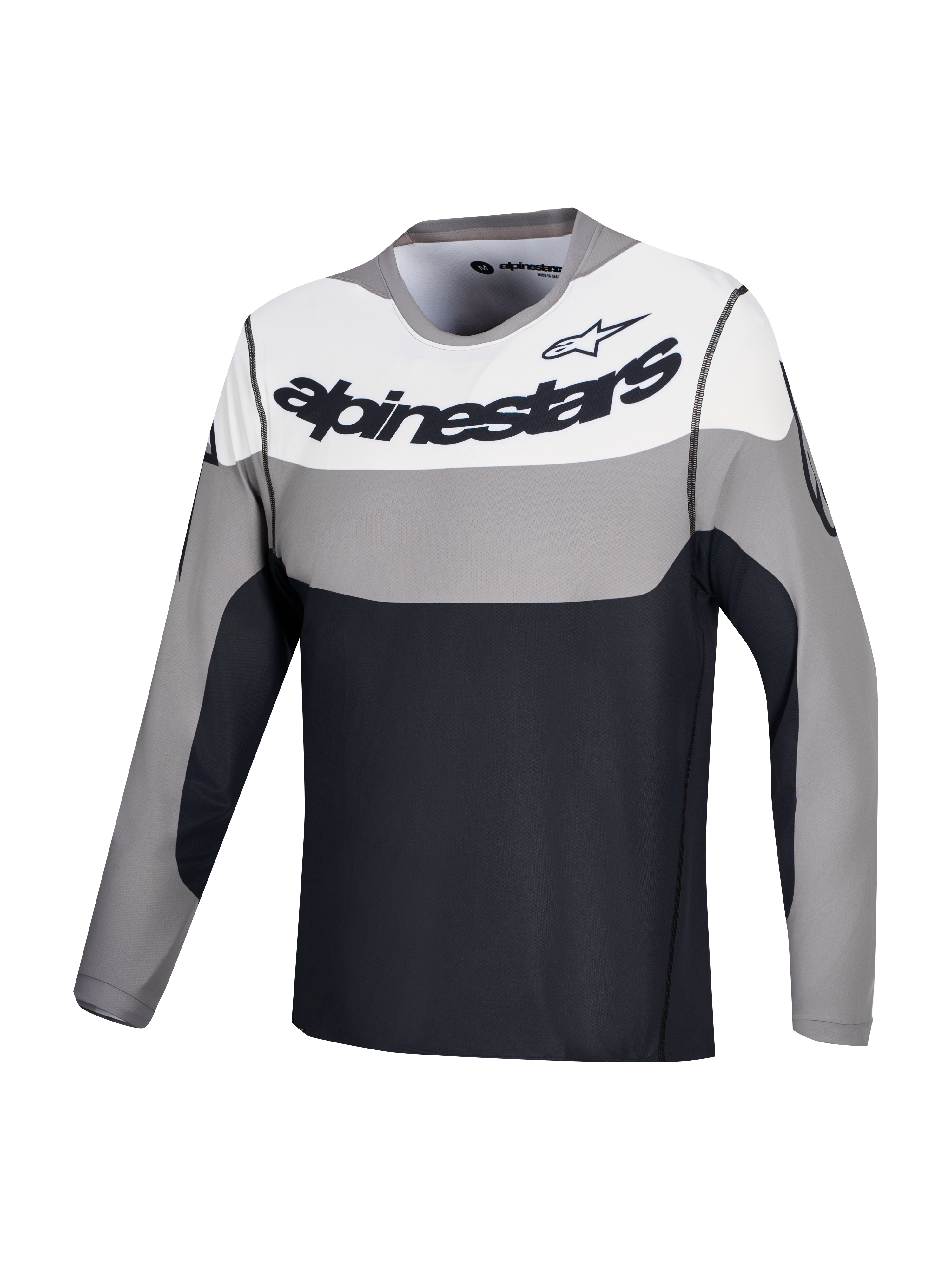 Jersey A-Dura Race, jersey de manga larga para ciclismo MTB, gris, blanco y negro con logotipo en el pecho, tejido elástico ligero reciclado