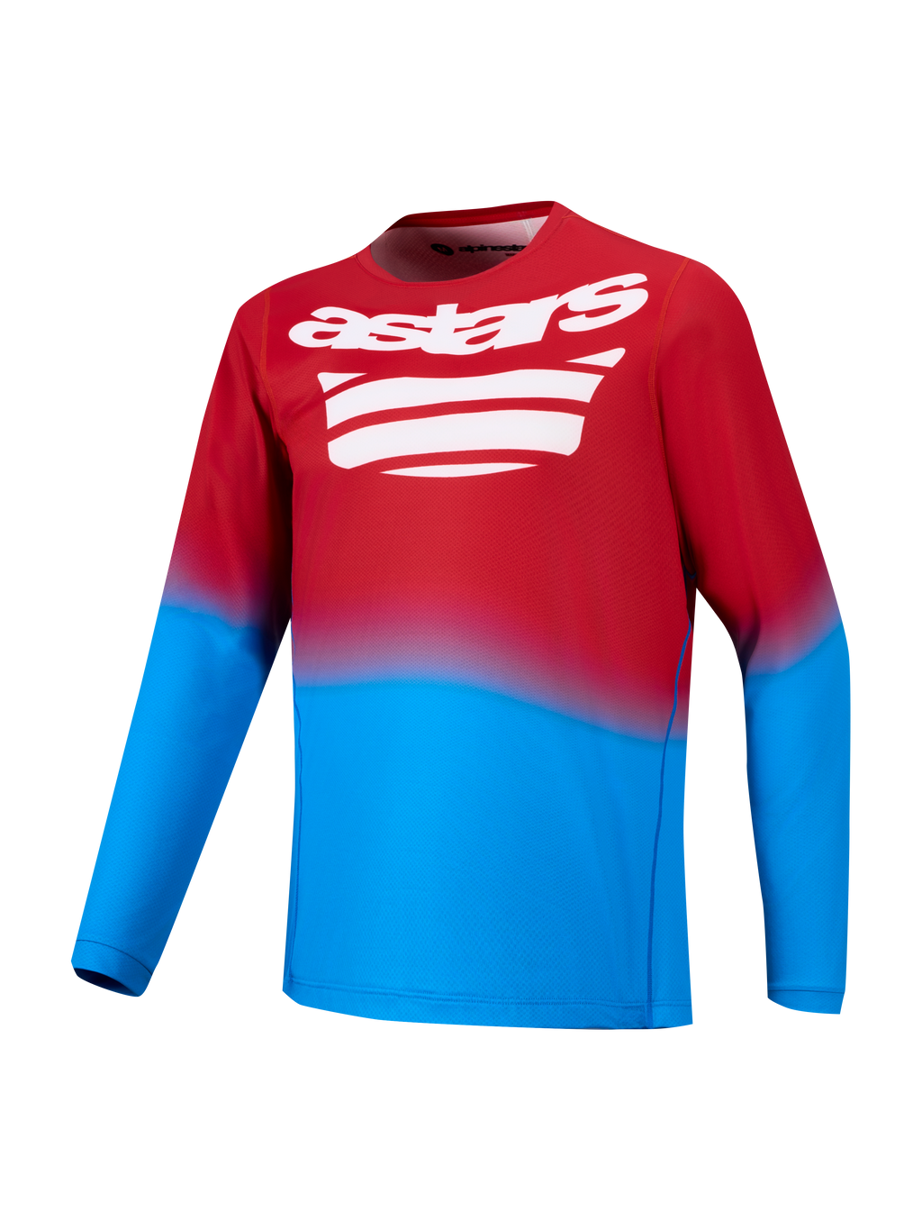 Camiseta A-Dura ASTARS 2.0 de manga larga, rojo brillante y azul con logo blanco en el pecho, estilo técnico para MTB
