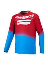 Bright red and blue A-Dura ASTARS 2.0 long sleeve MTB jersey featuring a white graphic logo on the chest.
