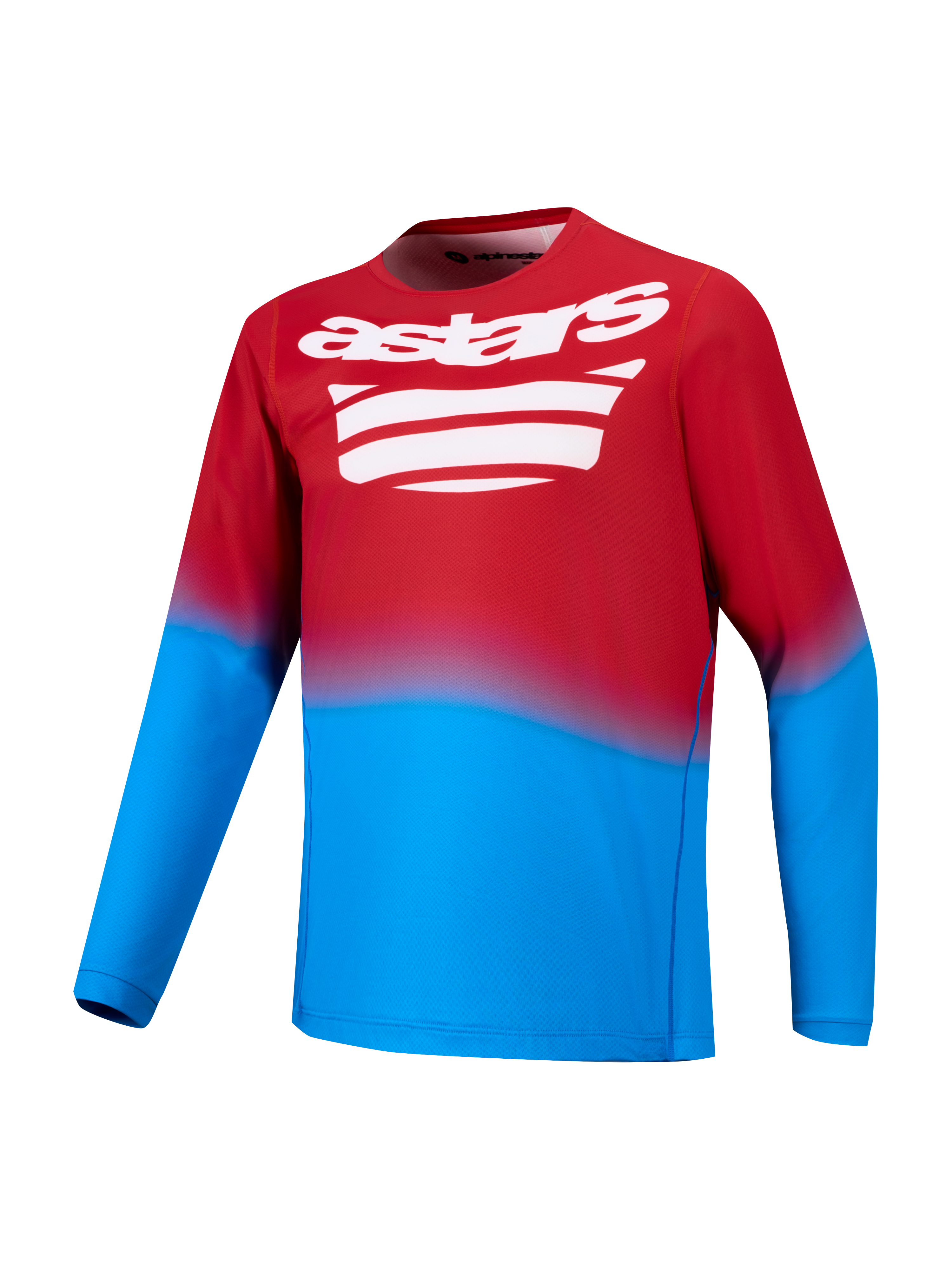Camiseta A-Dura ASTARS 2.0 de manga larga, rojo brillante y azul con logo blanco en el pecho, estilo técnico para MTB