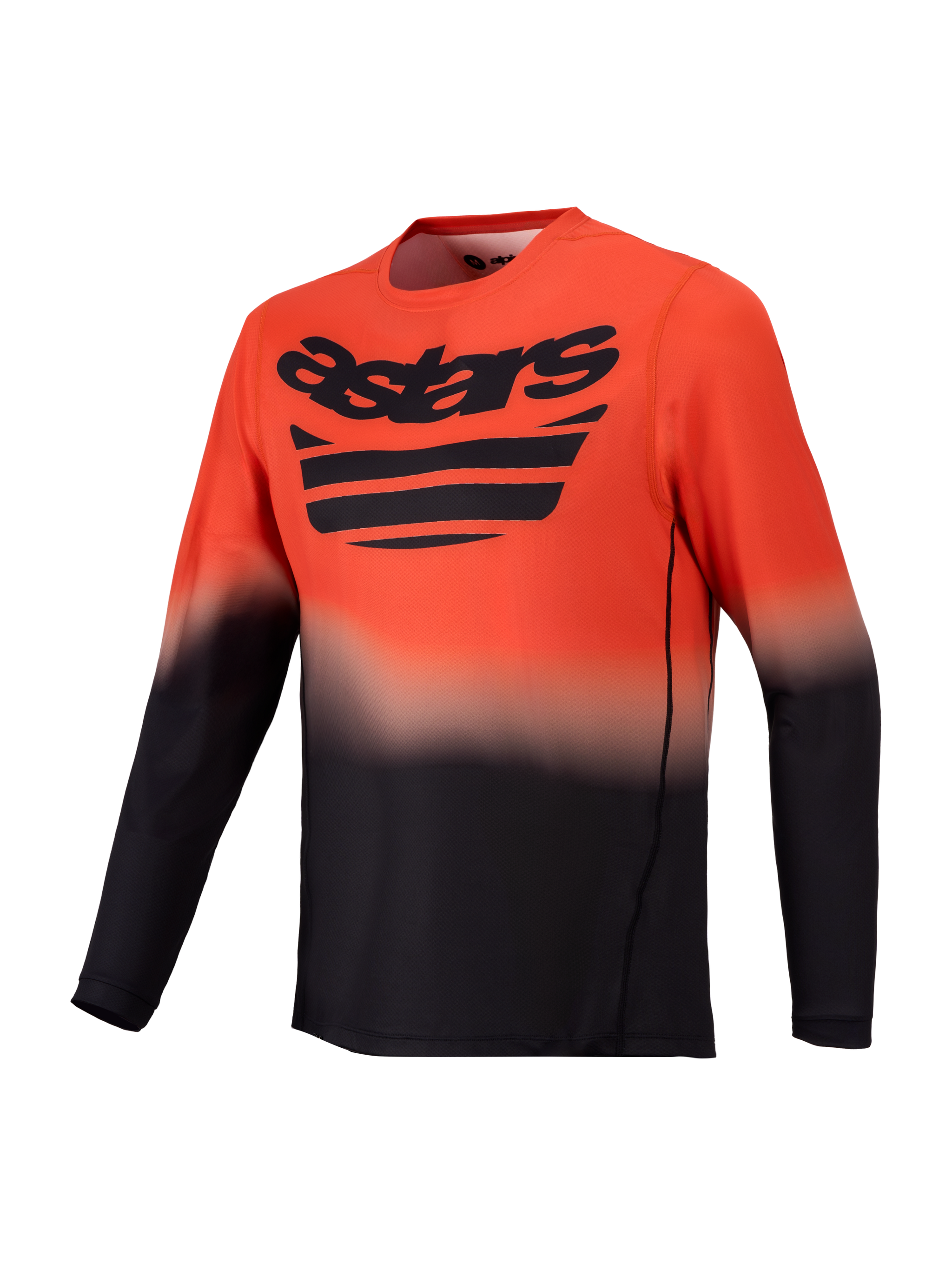 Camiseta Alpinestars A-Dura ASTARS 2.0, manga larga naranja y negra para MTB con degradado y logotipo en el pecho.