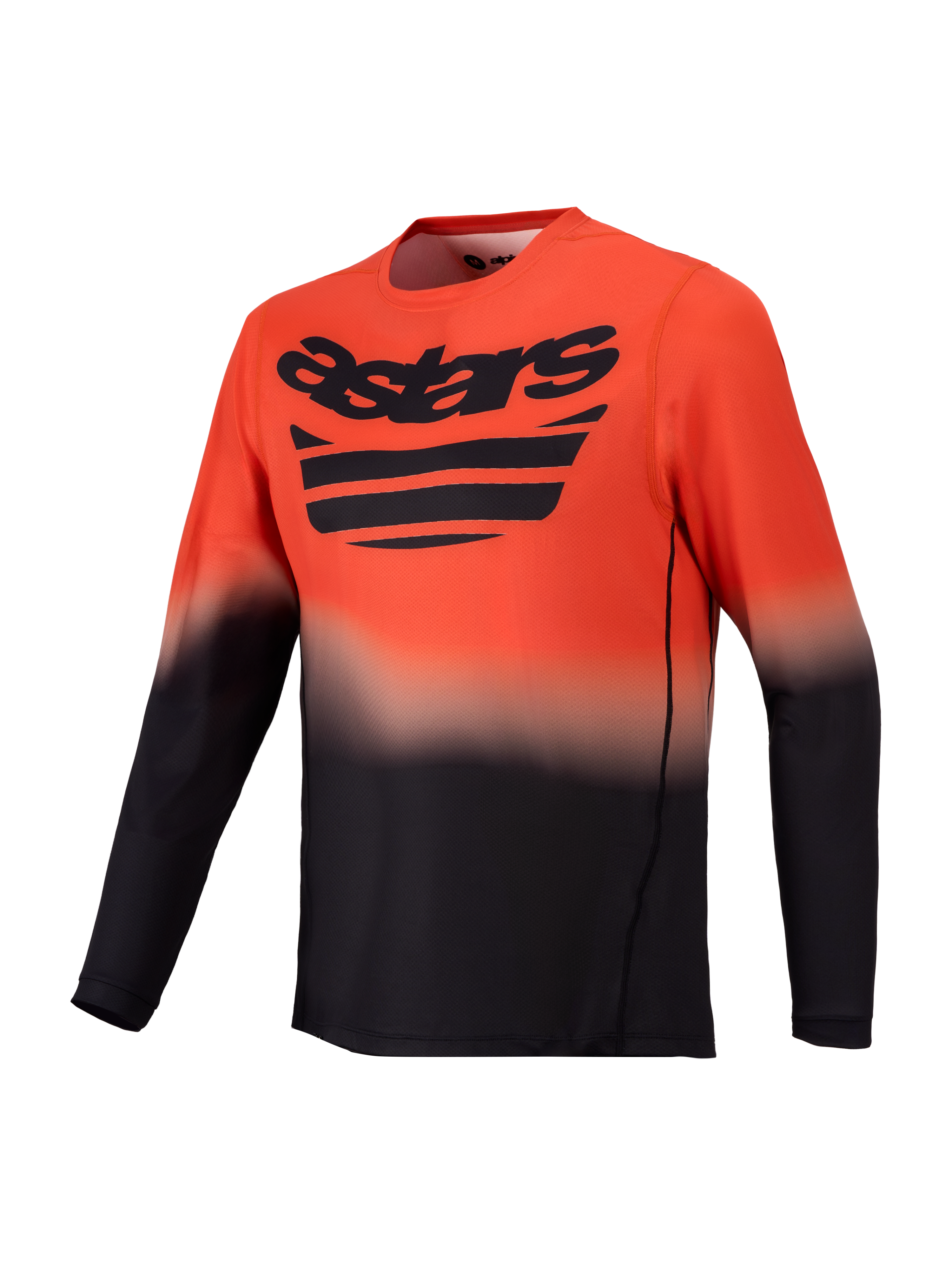 Camiseta Alpinestars A-Dura ASTARS 2.0, manga larga naranja y negra para MTB con degradado y logotipo en el pecho.