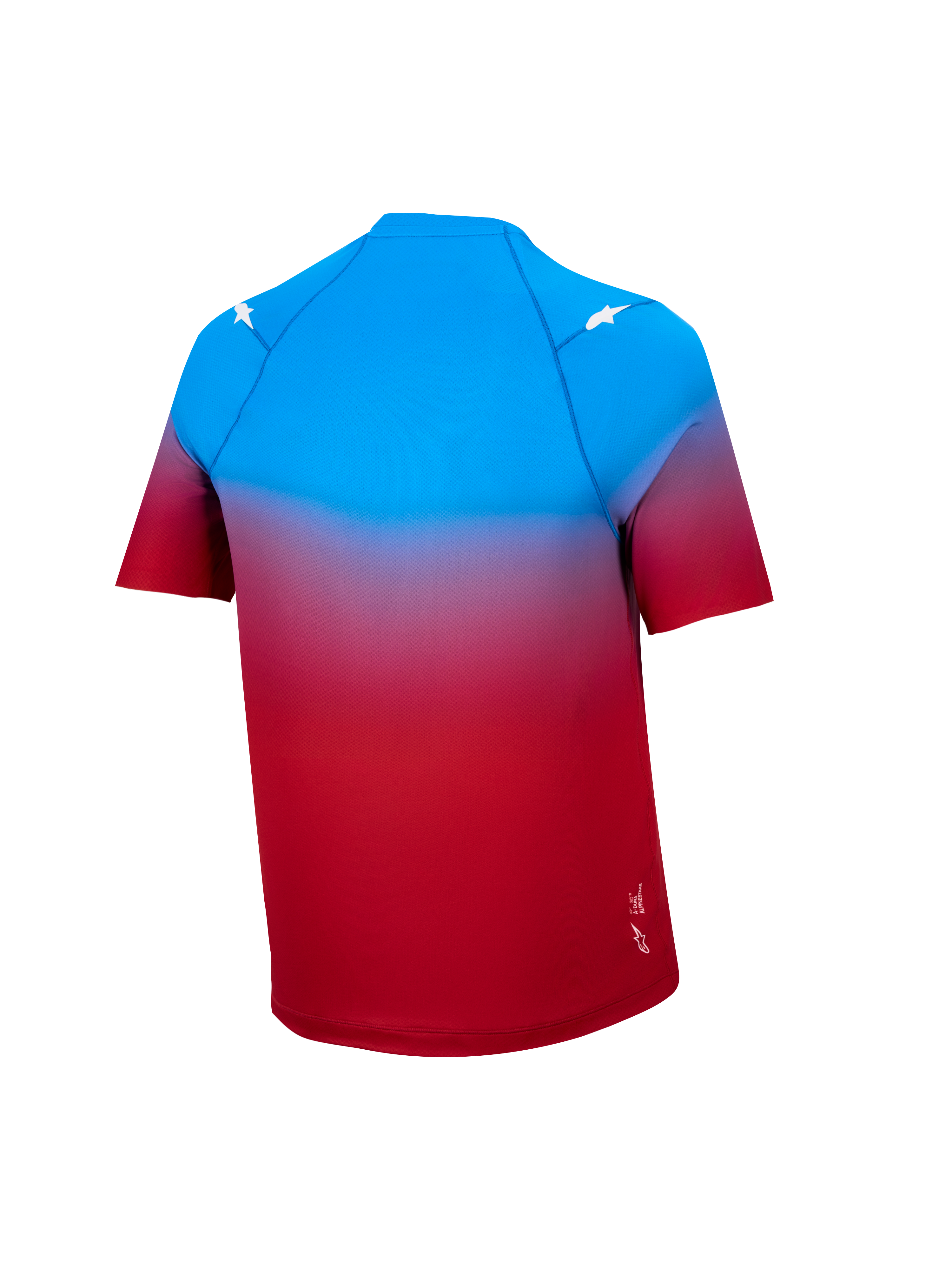 Maillot A-Dura ASTARS 2.0 de manga corta con degradado azul y rojo brillante y detalles de estrellas blancas.