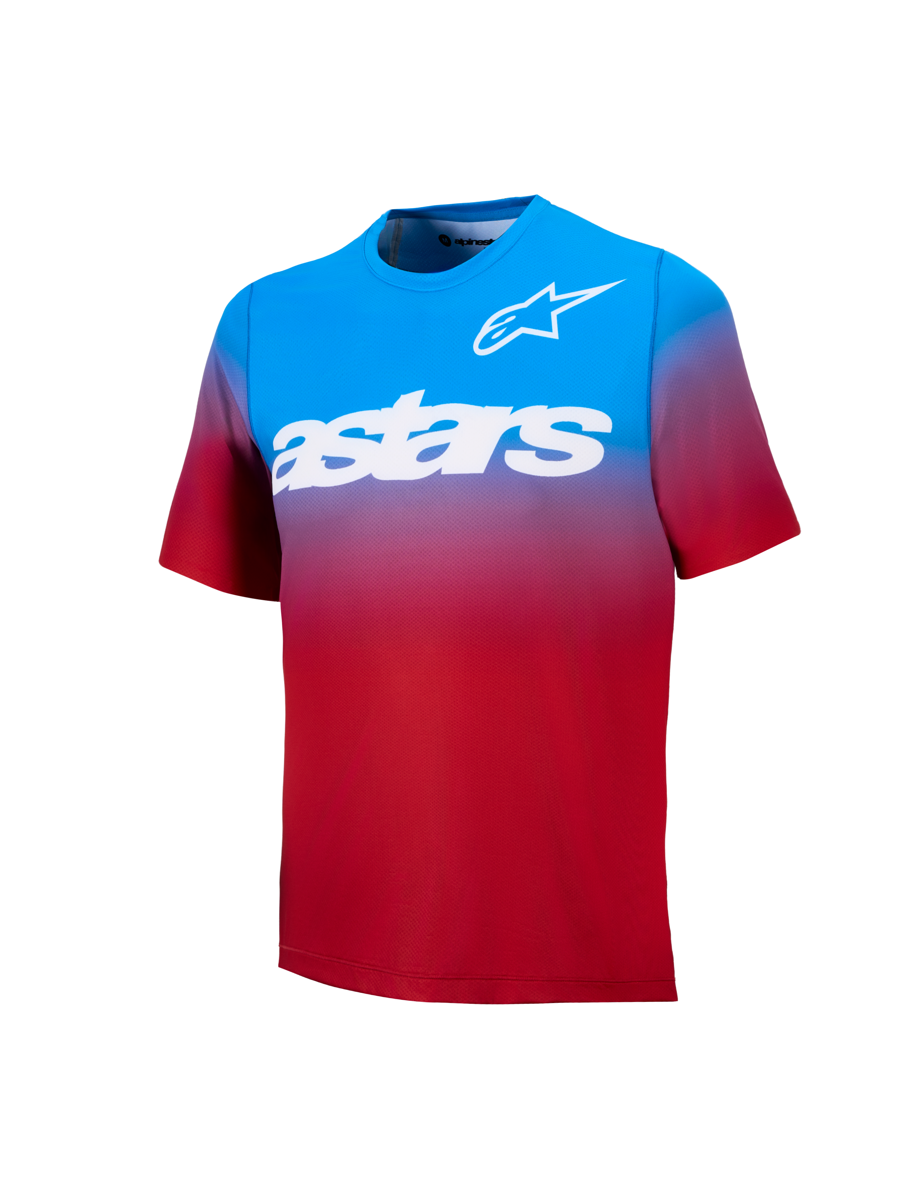 Maillot A-Dura ASTARS 2.0, camiseta MTB de manga corta con degradado rojo y azul y logotipos blancos en el pecho