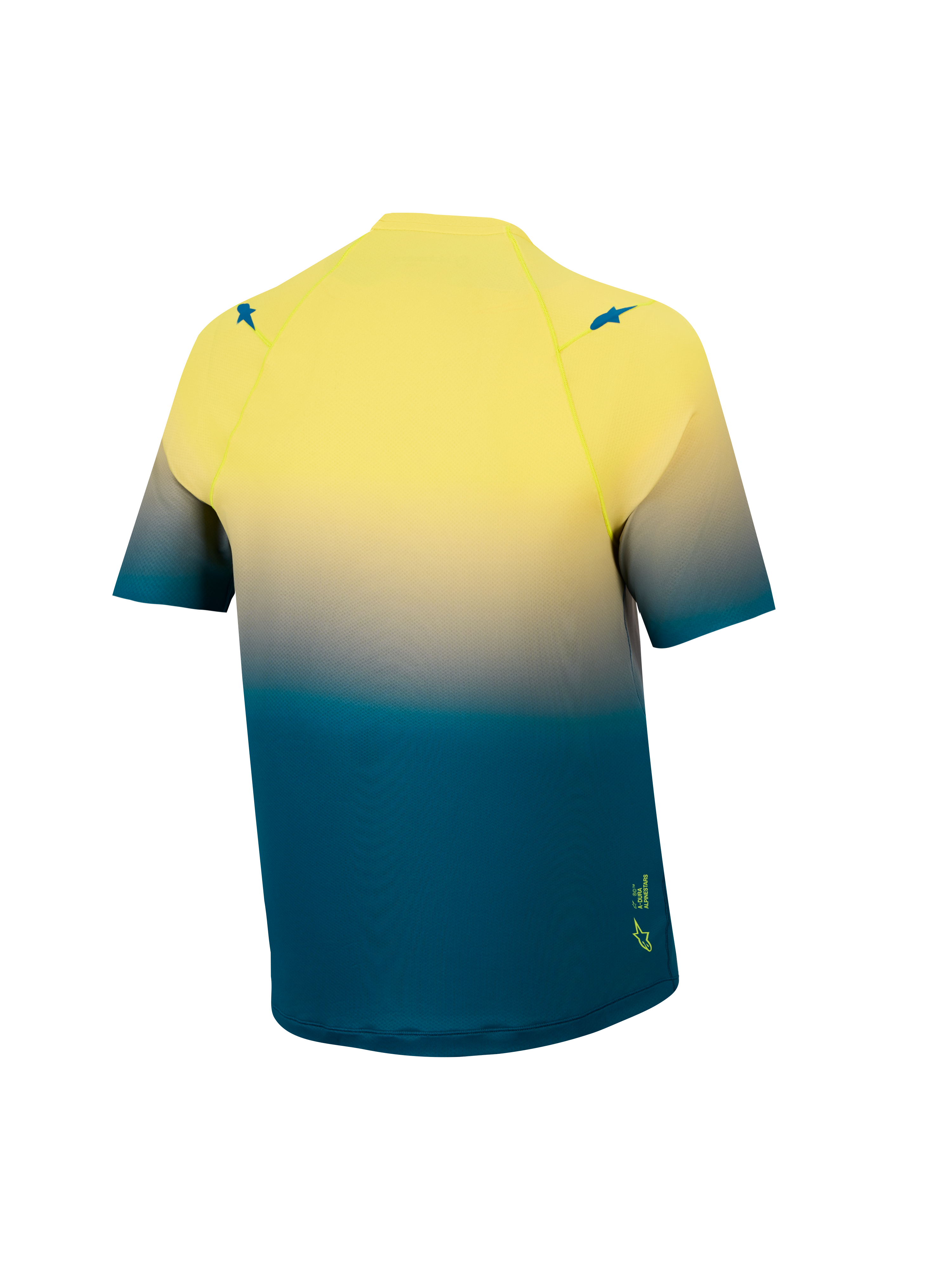 Maillot A-Dura ASTARS 2.0, vista trasera con degradado azul y amarillo flúor, camiseta de MTB elástica de manga corta