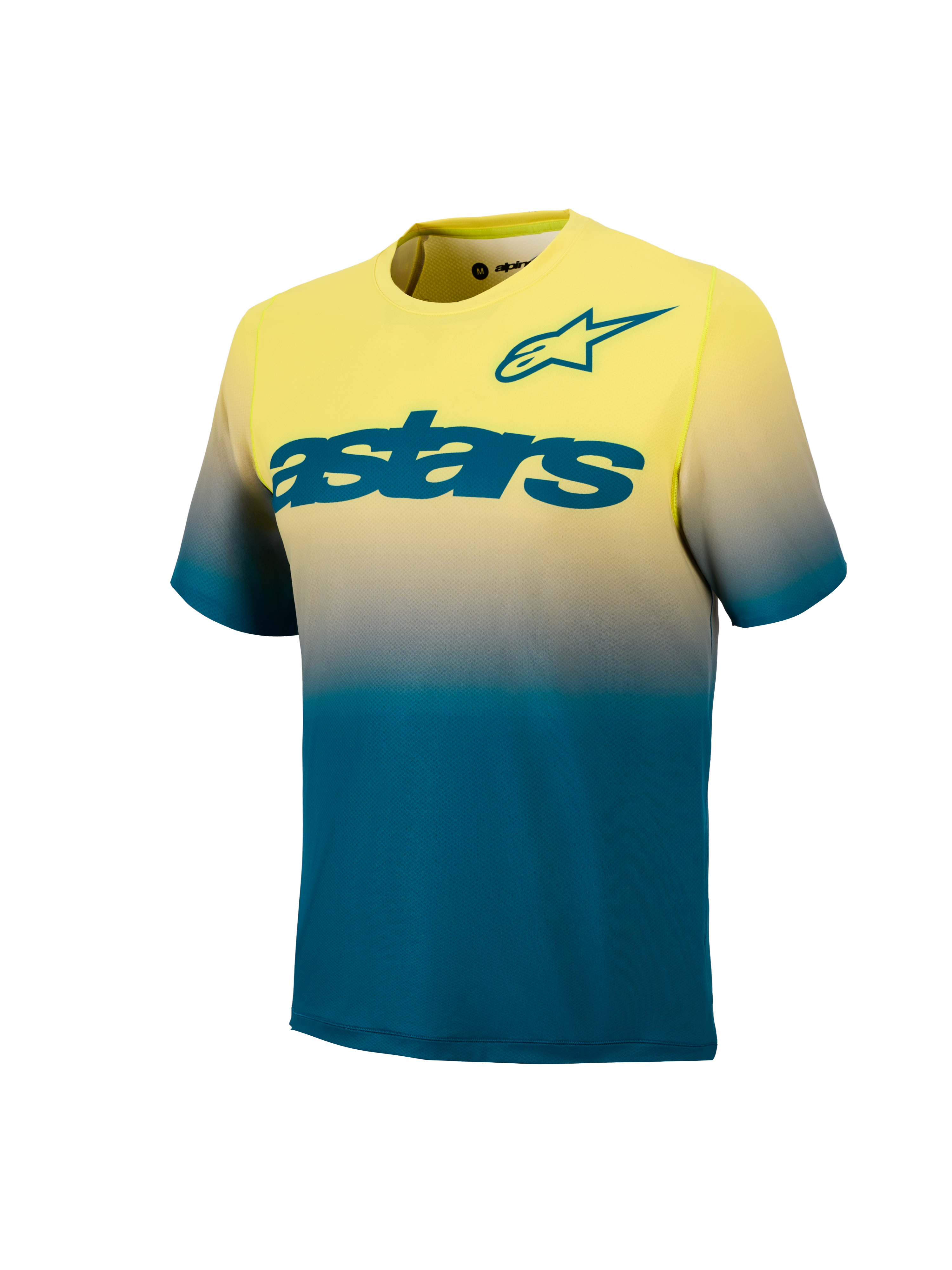 Maillot A-Dura ASTARS 2.0, manga corta MTB en degradado amarillo flúor y azul verde con logo teal frontal.