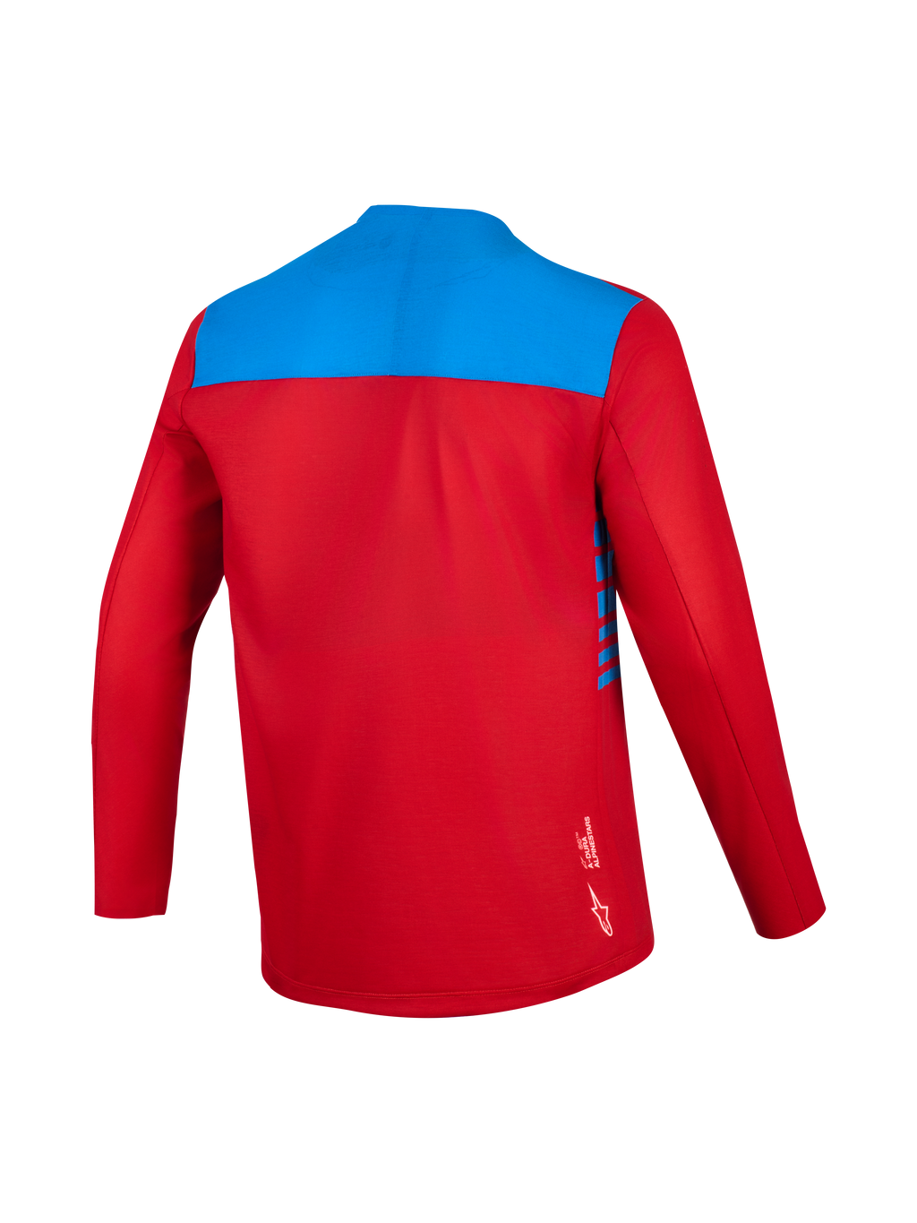 Jersey Alpinestars A-Dura Elite 2.0 rojo y azul, manga larga, vista trasera con tejido técnico transpirable para MTB.