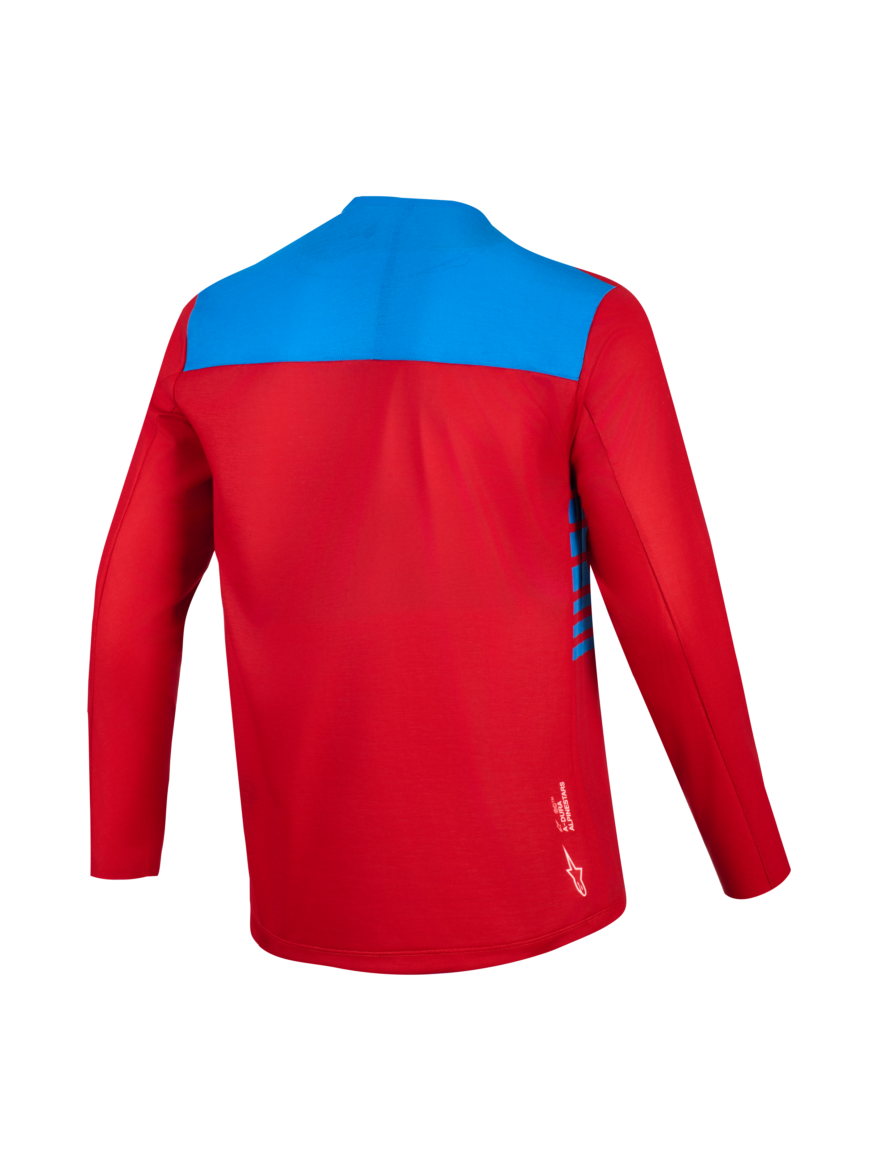 Jersey Alpinestars A-Dura Elite 2.0 rojo y azul, manga larga, vista trasera con tejido técnico transpirable para MTB.