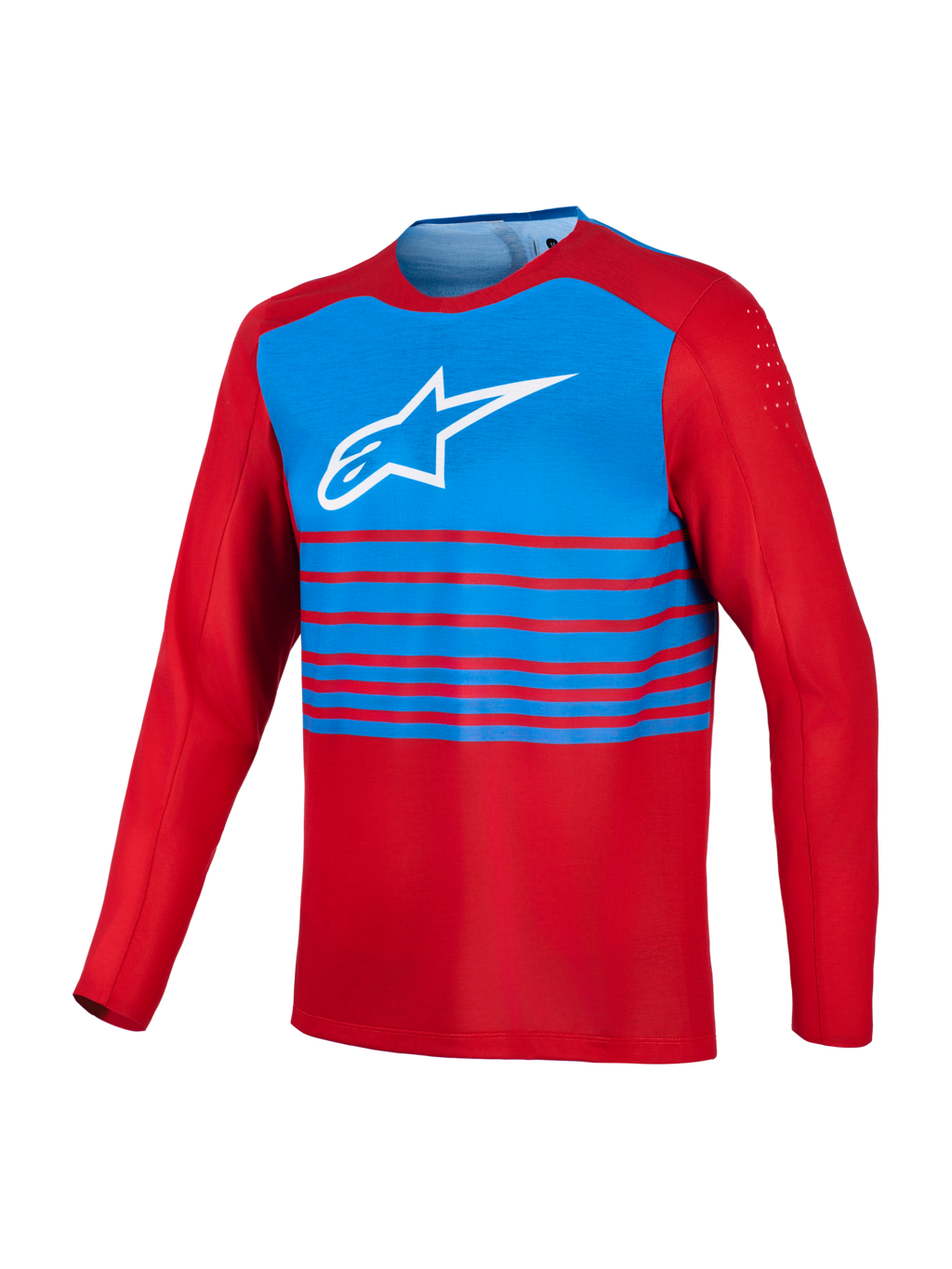 Jersey MTB A-Dura Elite 2.0 de manga larga, rojo y azul con logo Alpinestars blanco y ventilación en los bíceps.