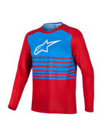 Jersey MTB A-Dura Elite 2.0 de manga larga, rojo y azul con logo Alpinestars blanco y ventilación en los bíceps.
