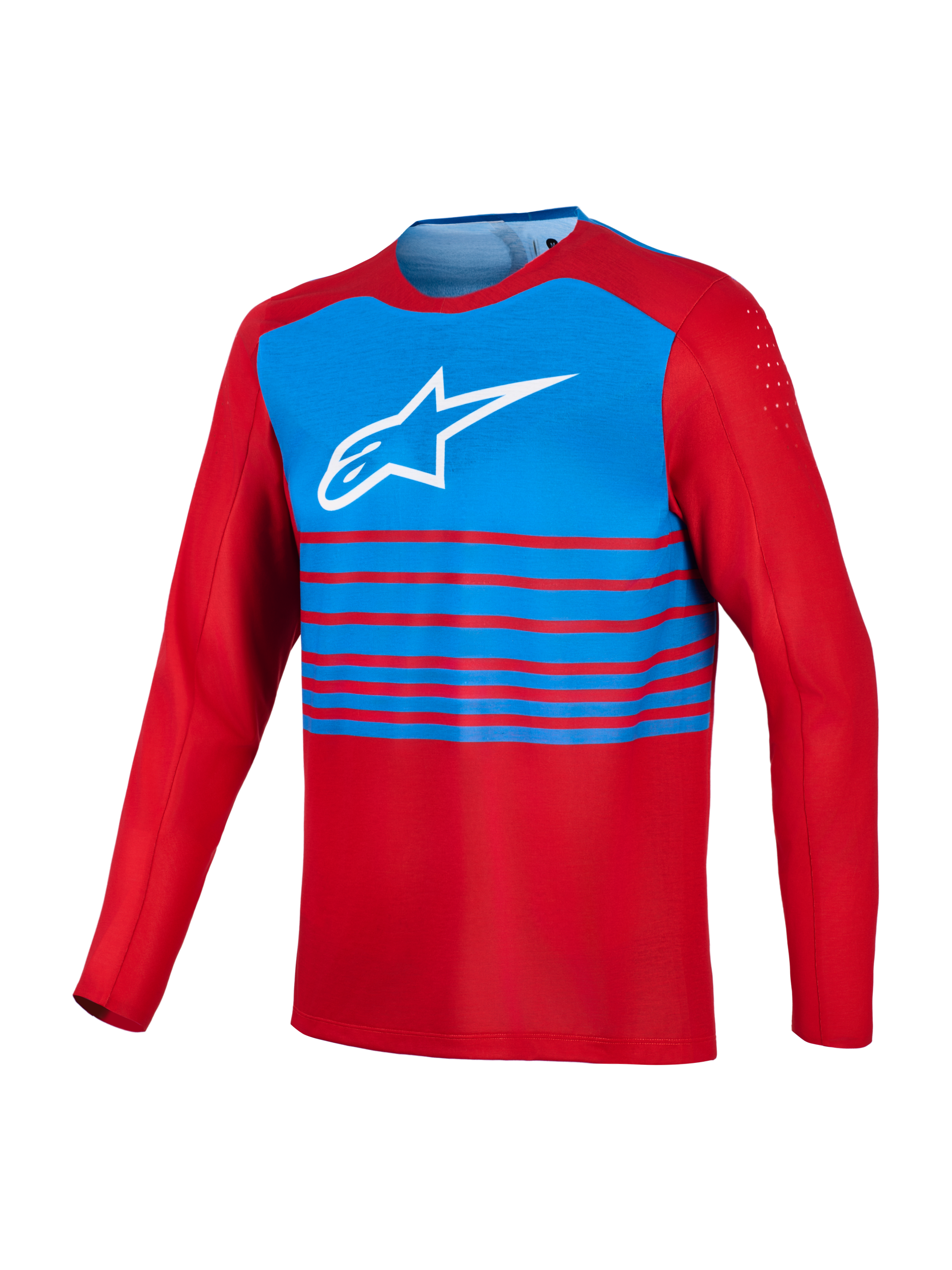 Jersey MTB A-Dura Elite 2.0 de manga larga, rojo y azul con logo Alpinestars blanco y ventilación en los bíceps.