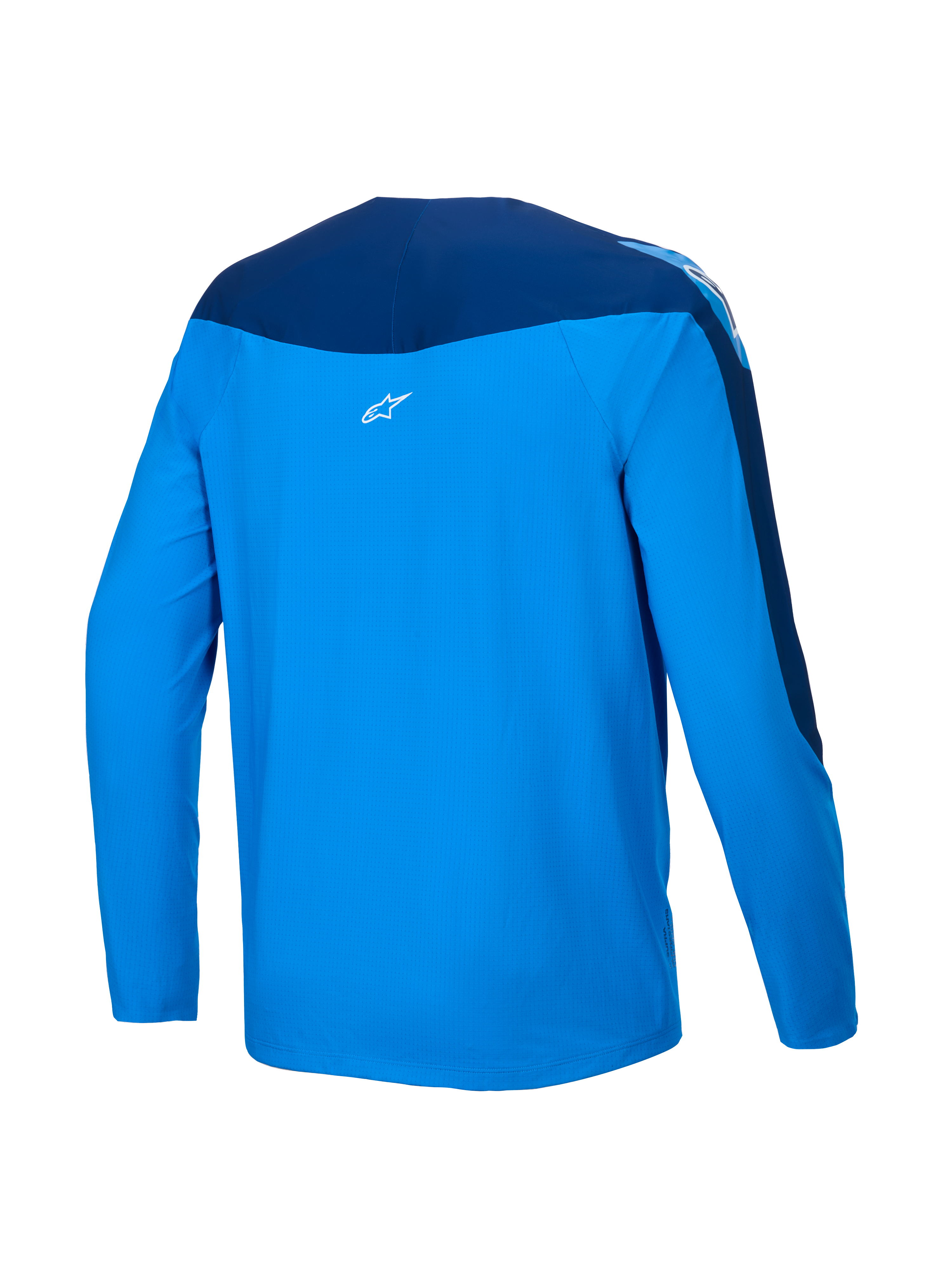 Alpinestars A-Supra Melt Jersey, long-sleeve MTB mountain biking jersey, back view showing blue and dark blue colorway, lightweight micro-perforated polyester with stretch panels