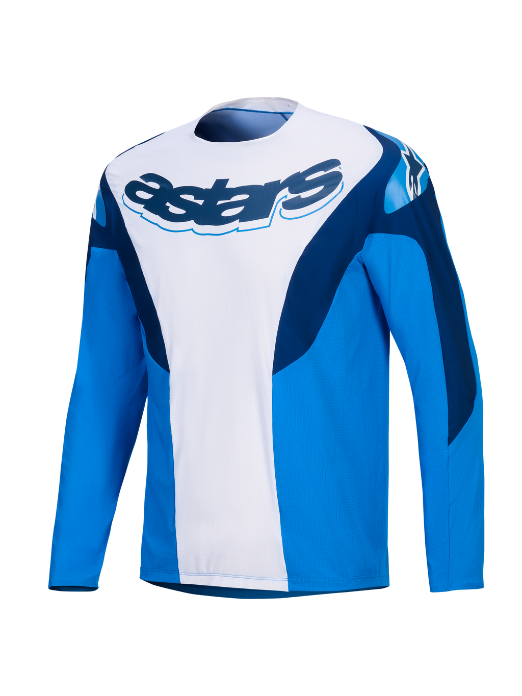 Alpinestars A-Supra Melt Jersey, long-sleeve MTB cycling jersey in Blue and White with dark blue branding and stretch panels, men's off-road performance activewear