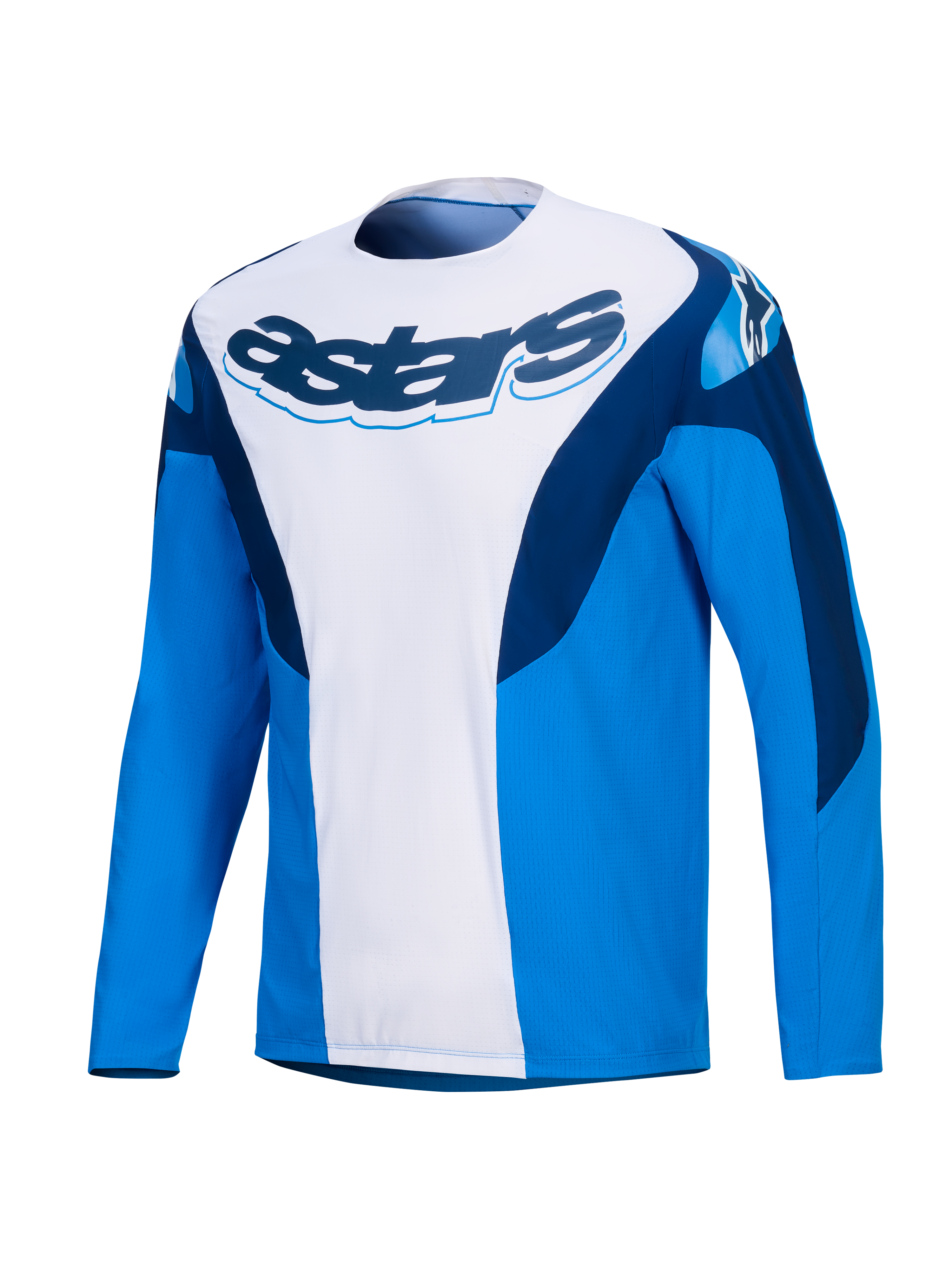 Alpinestars A-Supra Melt Jersey, long-sleeve MTB cycling jersey in Blue and White with dark blue branding and stretch panels, men's off-road performance activewear
