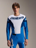 Alpinestars A-Supra Melt Jersey de manga larga, jersey de MTB azul y blanco con el logotipo astars destacado en el pecho, mangas azul oscuro, combinado con pantalones de carreras azules a juego con logotipos de estrellas blancas, ropa de alto rendimiento para bicicleta de montaña