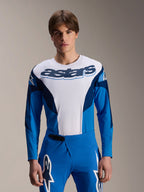 Alpinestars A-Supra Melt Jersey de manga larga, jersey de MTB azul y blanco con el logotipo astars destacado en el pecho, mangas azul oscuro, combinado con pantalones de carreras azules a juego con logotipos de estrellas blancas, ropa de alto rendimiento para bicicleta de montaña