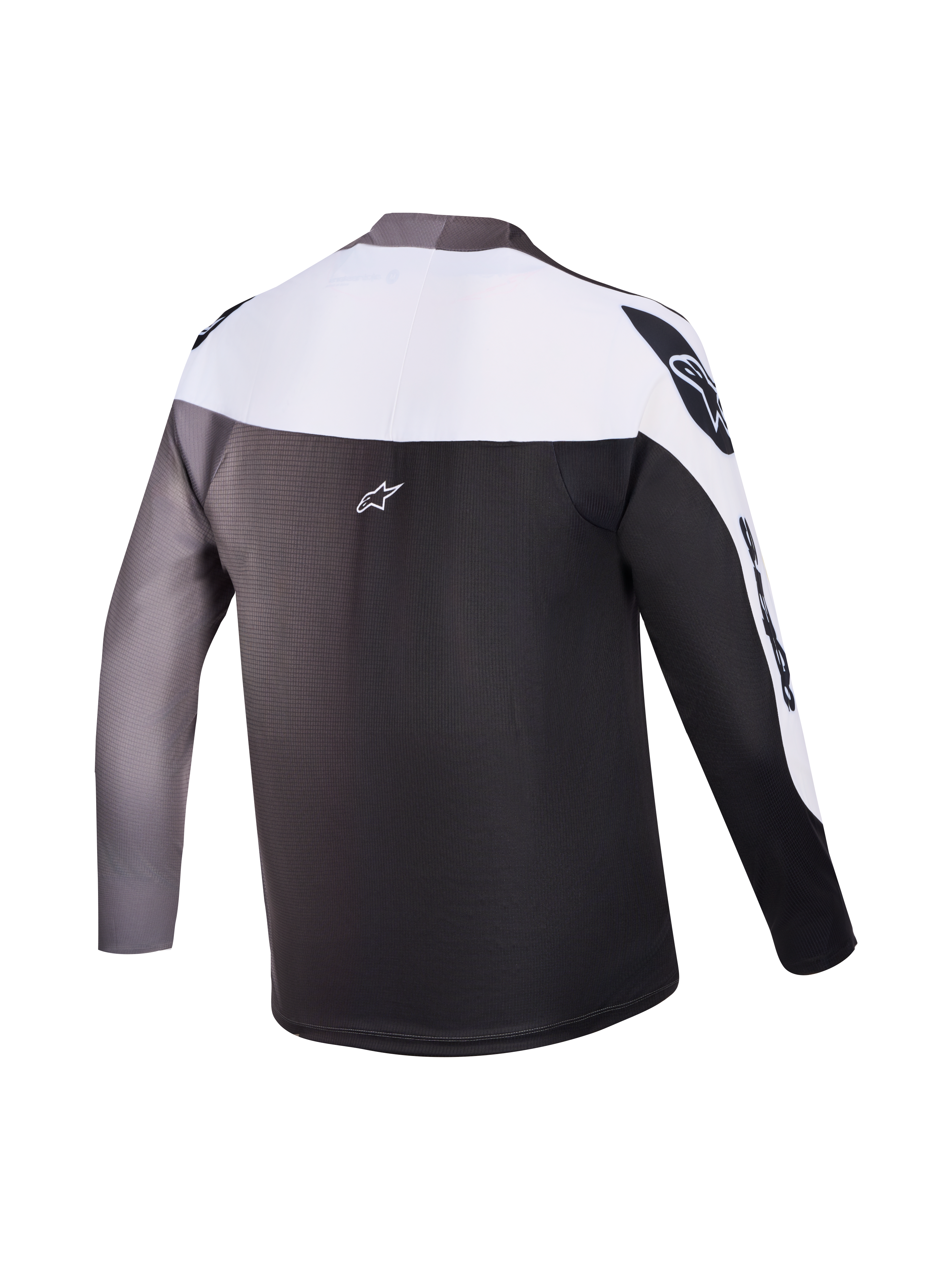 Maillot Alpinestars A-Supra Elite visto desde atrás, diseño gris degradado de manga larga para competición de MTB.
