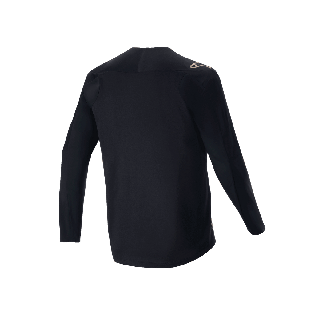 Alpinestars A-Aria Polartec Switch Jersey de manga larga, negro, vista posterior del jersey para ciclismo de montaña, con un pequeño logo color canela en el hombro y cola más larga, tejido técnico que absorbe la humedad para ciclismo fuera de pista