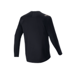 Alpinestars A-Aria Polartec Switch Jersey de manga larga, negro, vista posterior del jersey para ciclismo de montaña, con un pequeño logo color canela en el hombro y cola más larga, tejido técnico que absorbe la humedad para ciclismo fuera de pista