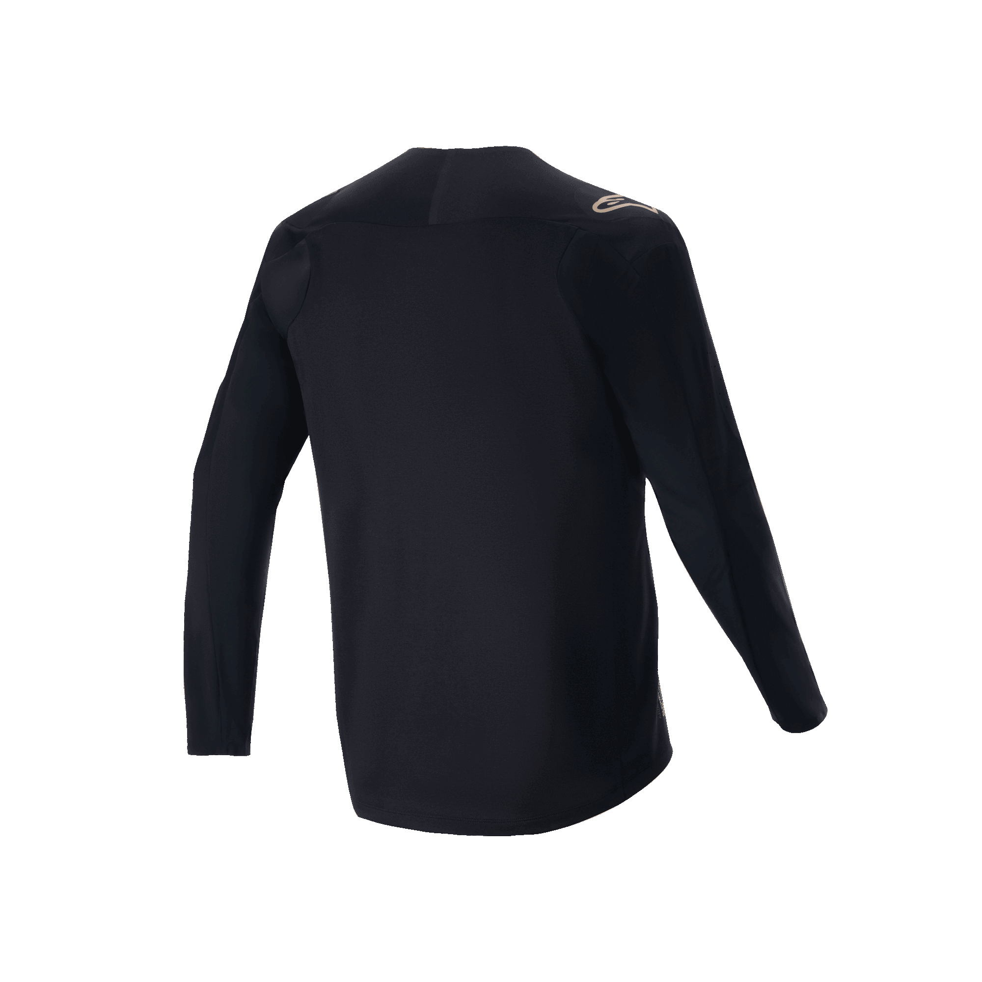 Alpinestars A-Aria Polartec Switch Jersey de manga larga, negro, vista posterior del jersey para ciclismo de montaña, con un pequeño logo color canela en el hombro y cola más larga, tejido técnico que absorbe la humedad para ciclismo fuera de pista