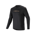Alpinestars A-Aria Polartec Switch Long Sleeve Jersey, negro, jersey de ciclismo de montaña con logotipos de Alpinestars en tonos dorados en el pecho y los hombros, brazos perforados con láser y tejido Polartec que absorbe la humedad para un rendimiento todoterreno.