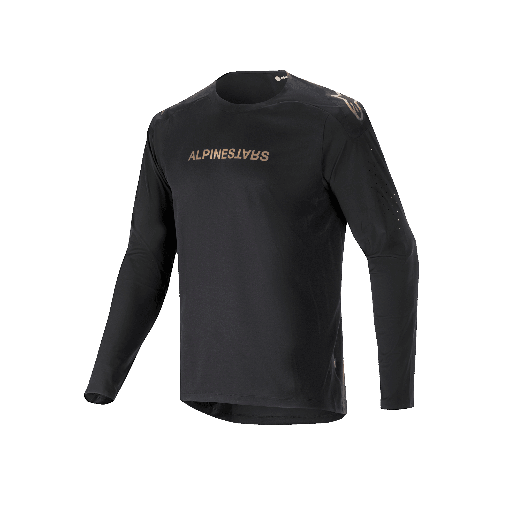 Alpinestars A-Aria Polartec Switch Long Sleeve Jersey, negro, jersey de ciclismo de montaña con logotipos de Alpinestars en tonos dorados en el pecho y los hombros, brazos perforados con láser y tejido Polartec que absorbe la humedad para un rendimiento todoterreno.