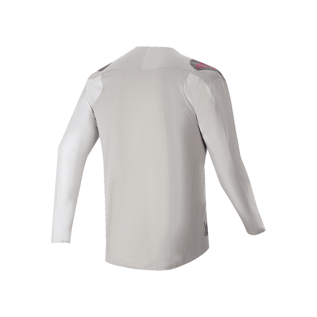 Alpinestars A-Aria Polartec Switch Long Sleeve Jersey, vista trasera, gris claro con paneles grises oscuros en los hombros y detalles de logotipo en rosa, tejido elástico de alto rendimiento con diseño de cola caída, ropa para ciclismo de montaña