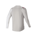 Alpinestars A-Aria Polartec Switch Long Sleeve Jersey, vista trasera, gris claro con paneles grises oscuros en los hombros y detalles de logotipo en rosa, tejido elástico de alto rendimiento con diseño de cola caída, ropa para ciclismo de montaña