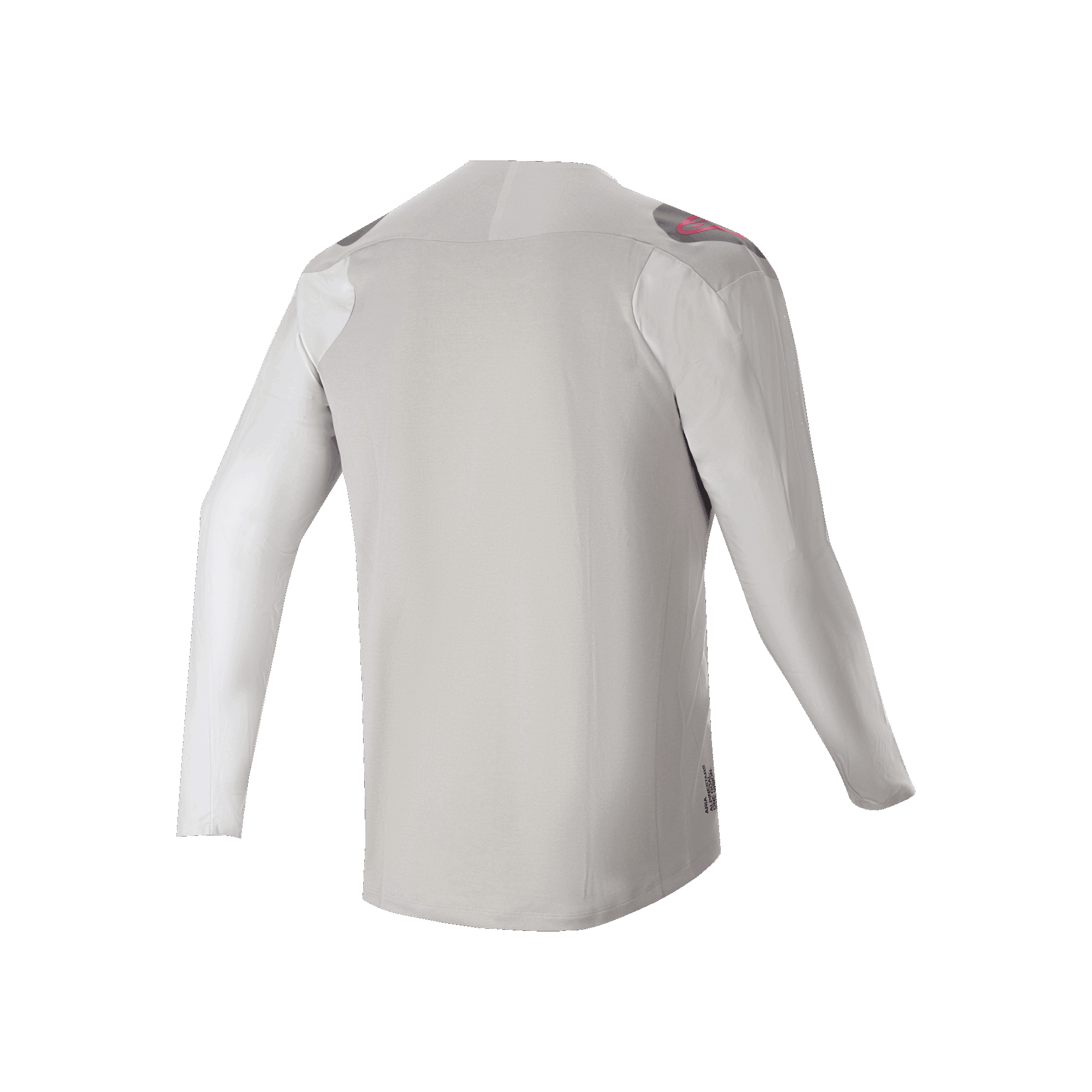 Alpinestars A-Aria Polartec Switch Long Sleeve Jersey, vista trasera, gris claro con paneles grises oscuros en los hombros y detalles de logotipo en rosa, tejido elástico de alto rendimiento con diseño de cola caída, ropa para ciclismo de montaña