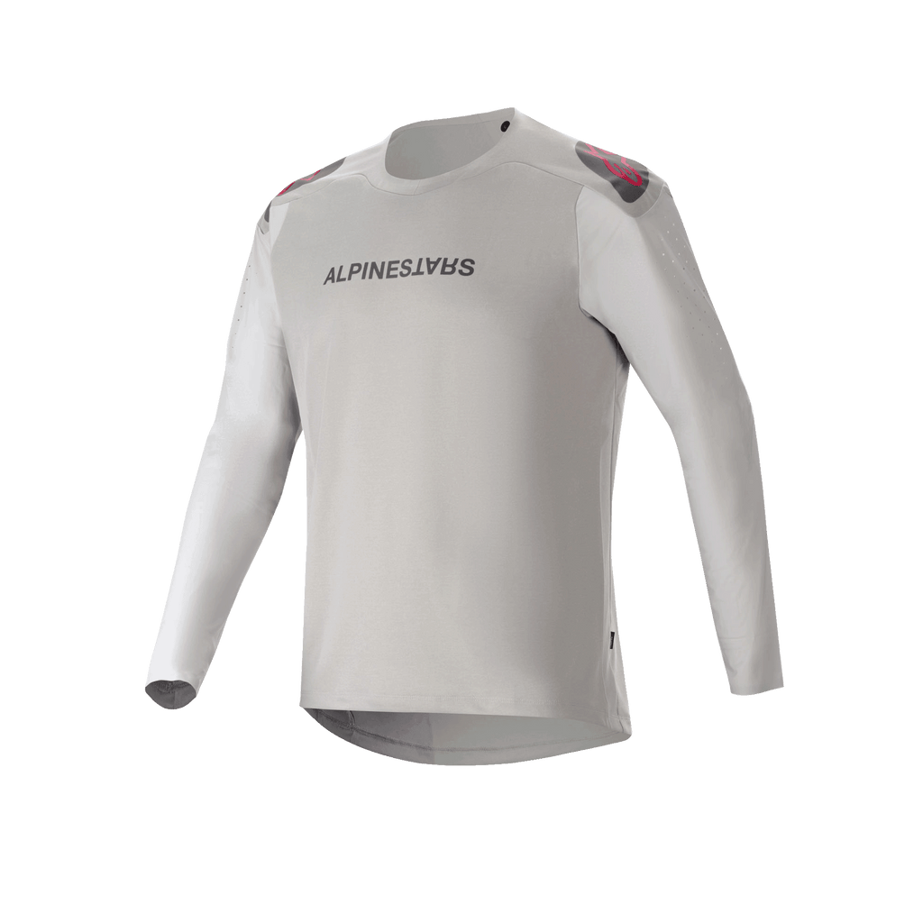 Alpinestars A-Aria Polartec Switch Jersey - Long Sleeve, jersey de montaña gris claro con marca negra en el pecho, detalles rojos y negros en los hombros y mangas perforadas con láser para ventilación