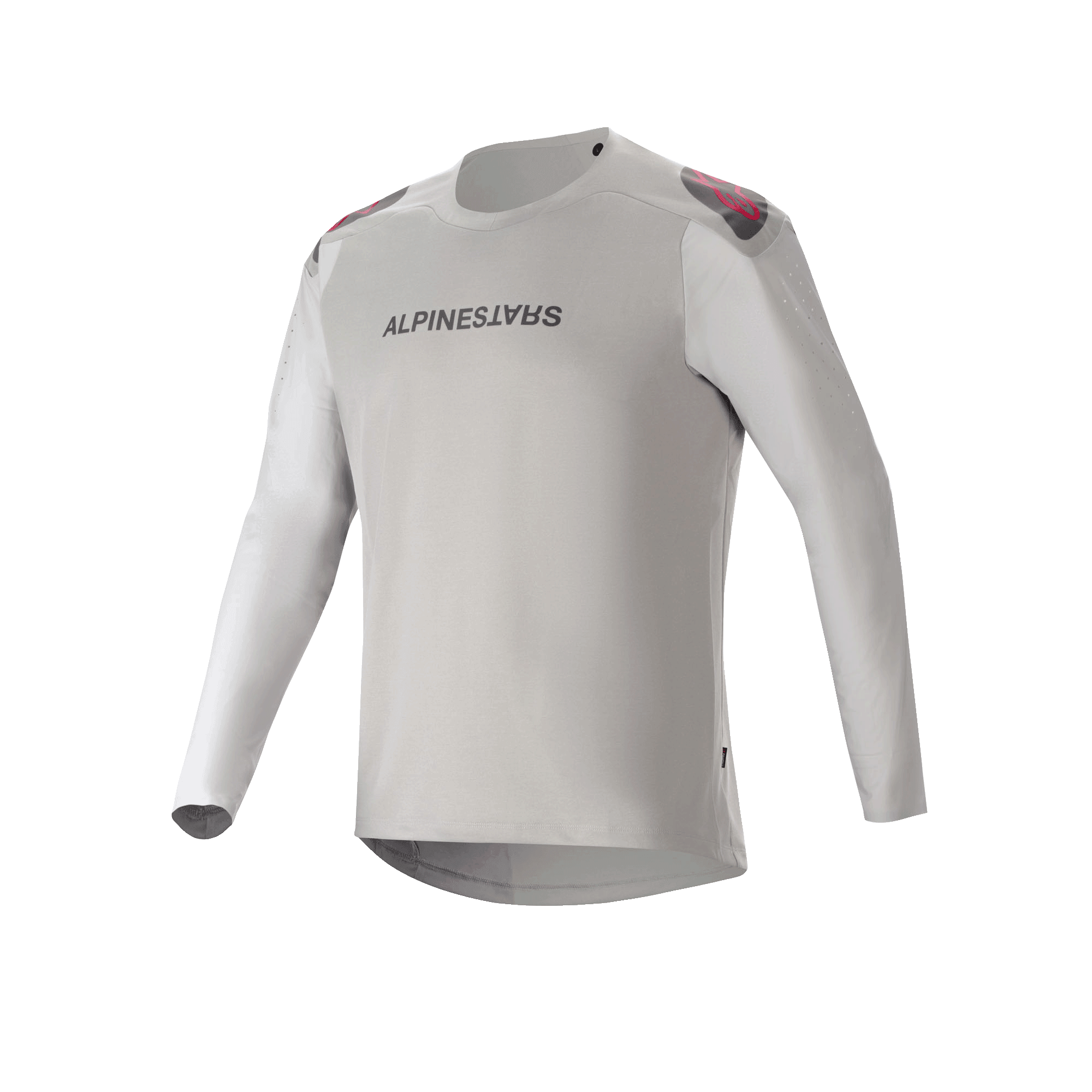Alpinestars A-Aria Polartec Switch Jersey - Long Sleeve, jersey de montaña gris claro con marca negra en el pecho, detalles rojos y negros en los hombros y mangas perforadas con láser para ventilación
