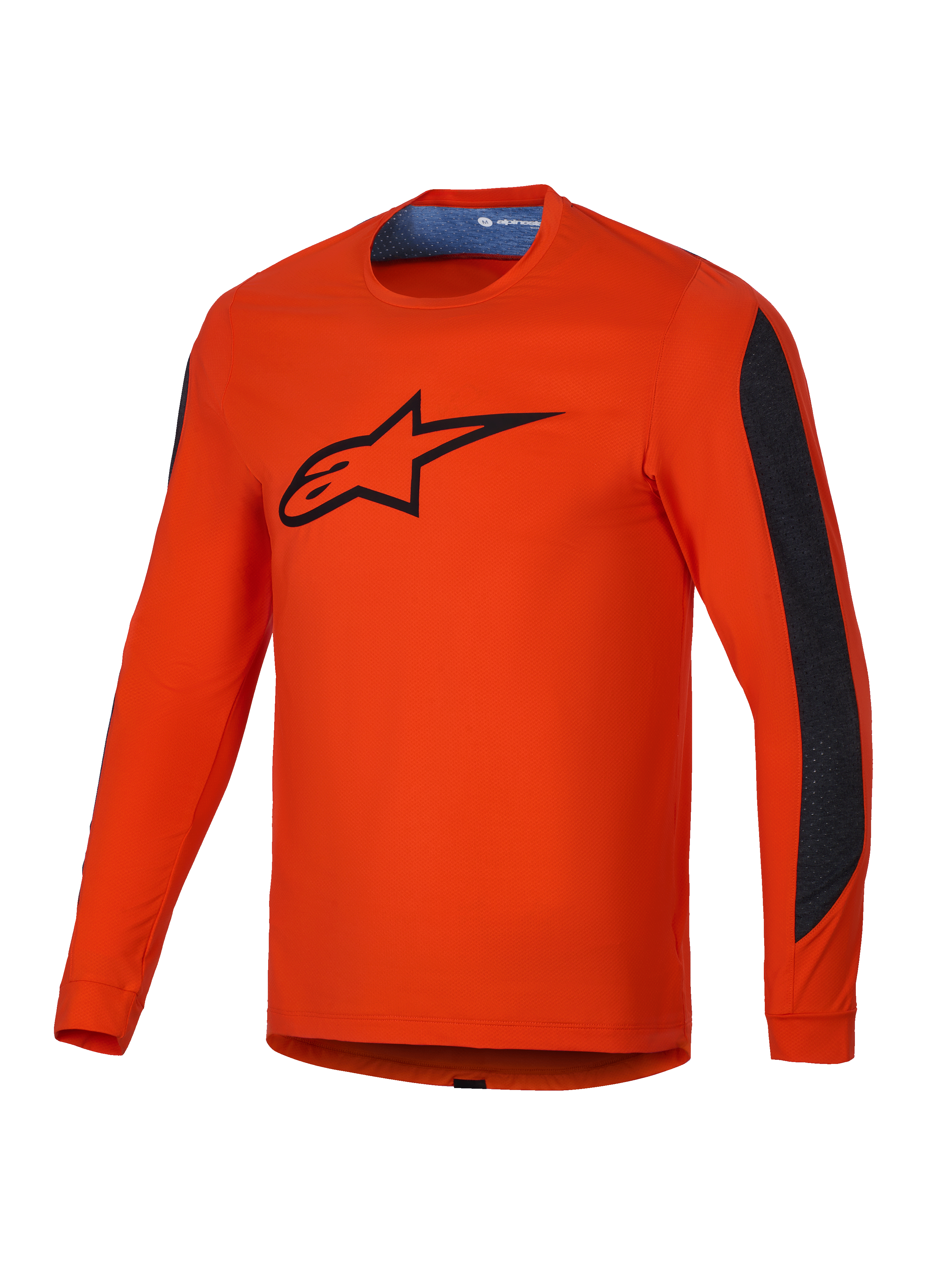 Alpinestars A-Dura Insert Astar Jersey, men's long-sleeve MTB jersey in Spicy Orange with black contrast panels, featuring durable textile construction for off-road cycling