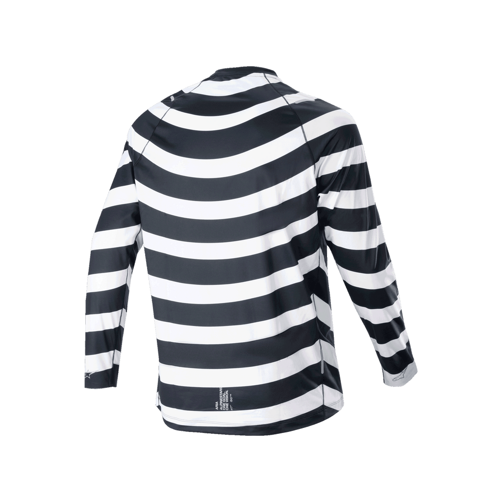 Alpinestars A-Aria Oscar Jersey de manga larga, negro y blanco, vista trasera con el gráfico en espiral heritage, jersey de ciclismo de manga larga con ajuste de rendimiento y cola más larga para senderos de MTB