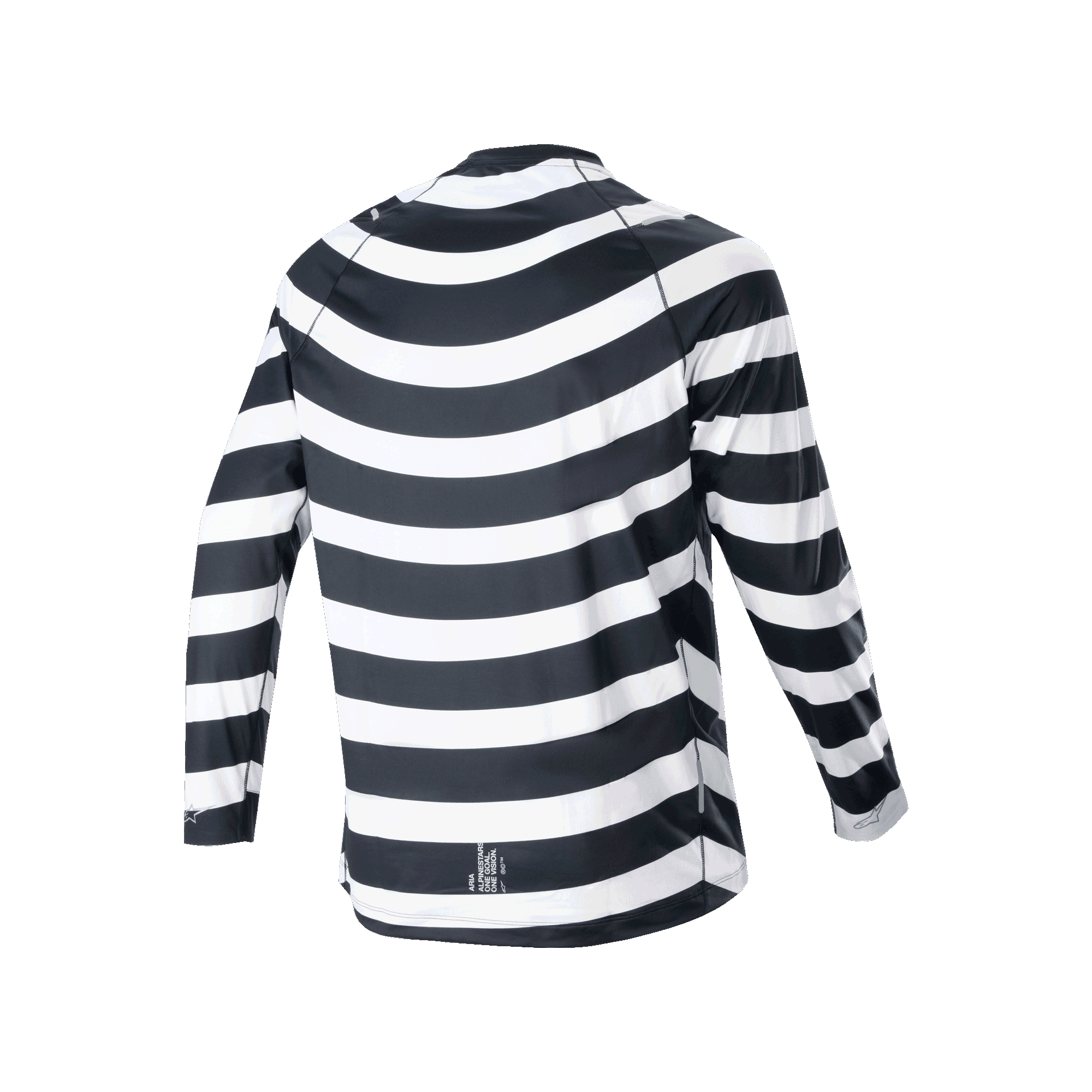Alpinestars A-Aria Oscar Jersey de manga larga, negro y blanco, vista trasera con el gráfico en espiral heritage, jersey de ciclismo de manga larga con ajuste de rendimiento y cola más larga para senderos de MTB